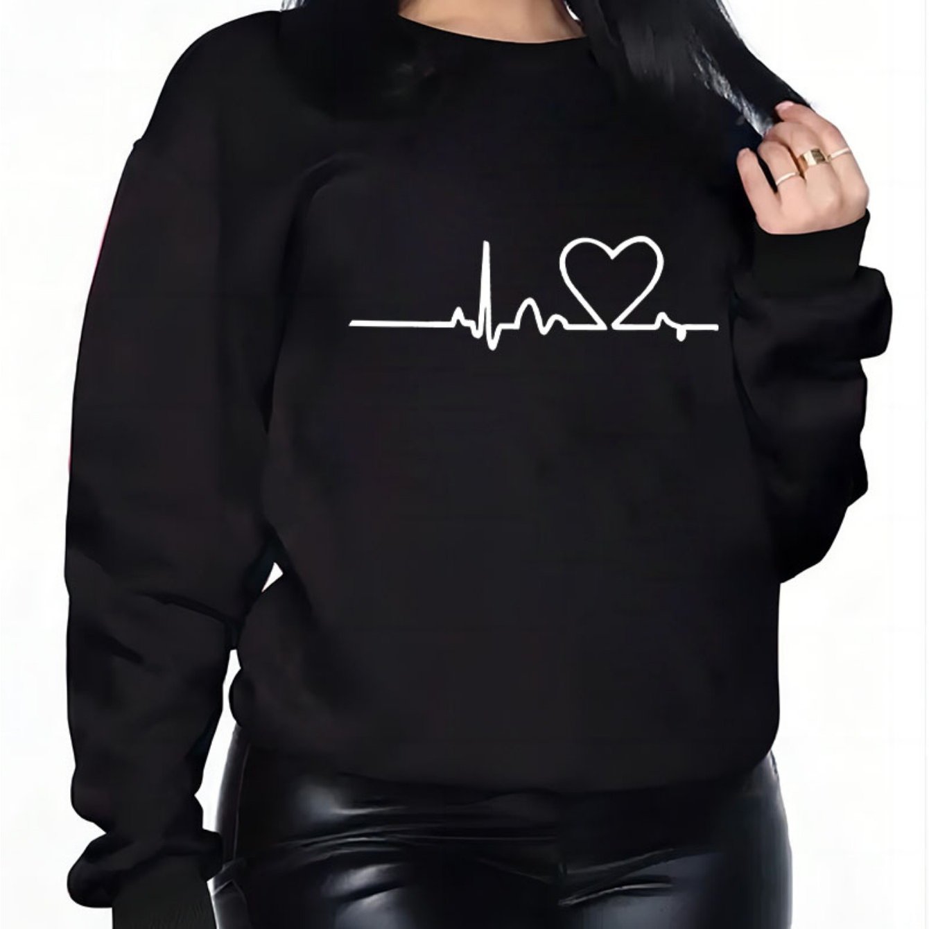 TEMU Heart Print Crew Neck Sweatshirt, Casual Long Sleeve Sweatshirt For Spring & Fall, Women's Clothing