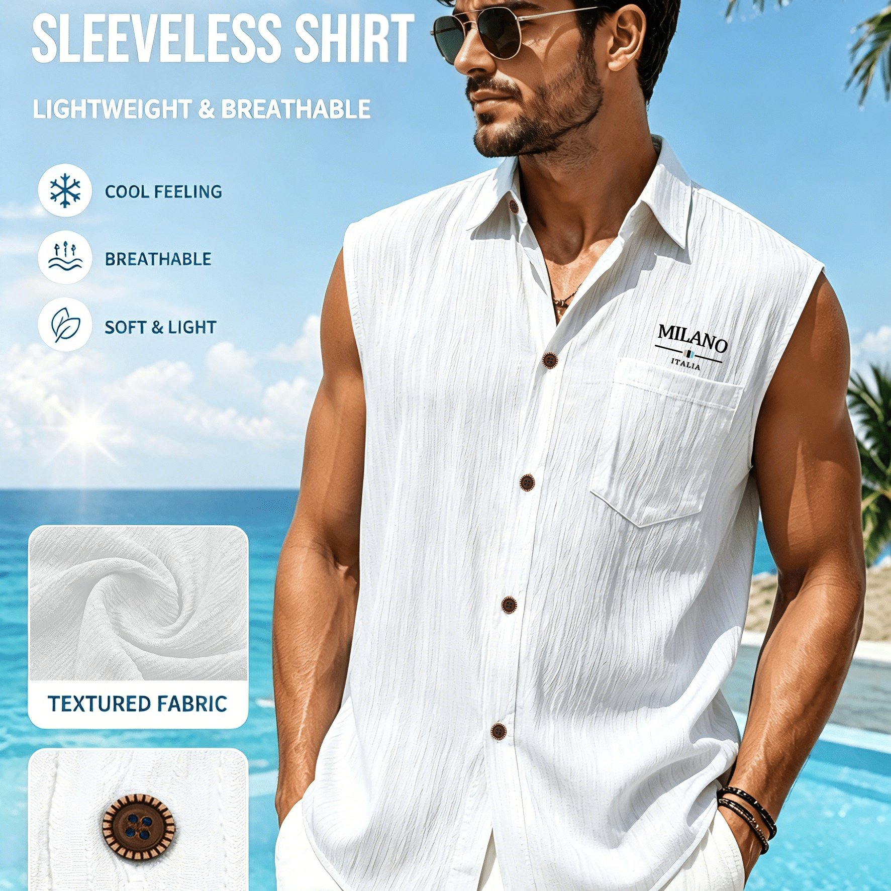 TEMU [ Shao Obm] Summer 's Collar Print Sleeveless Shirt: Pocket Vest Design, Textured Buttons, Breathable Quick-dry, Work , Outdoor Hiking Vest