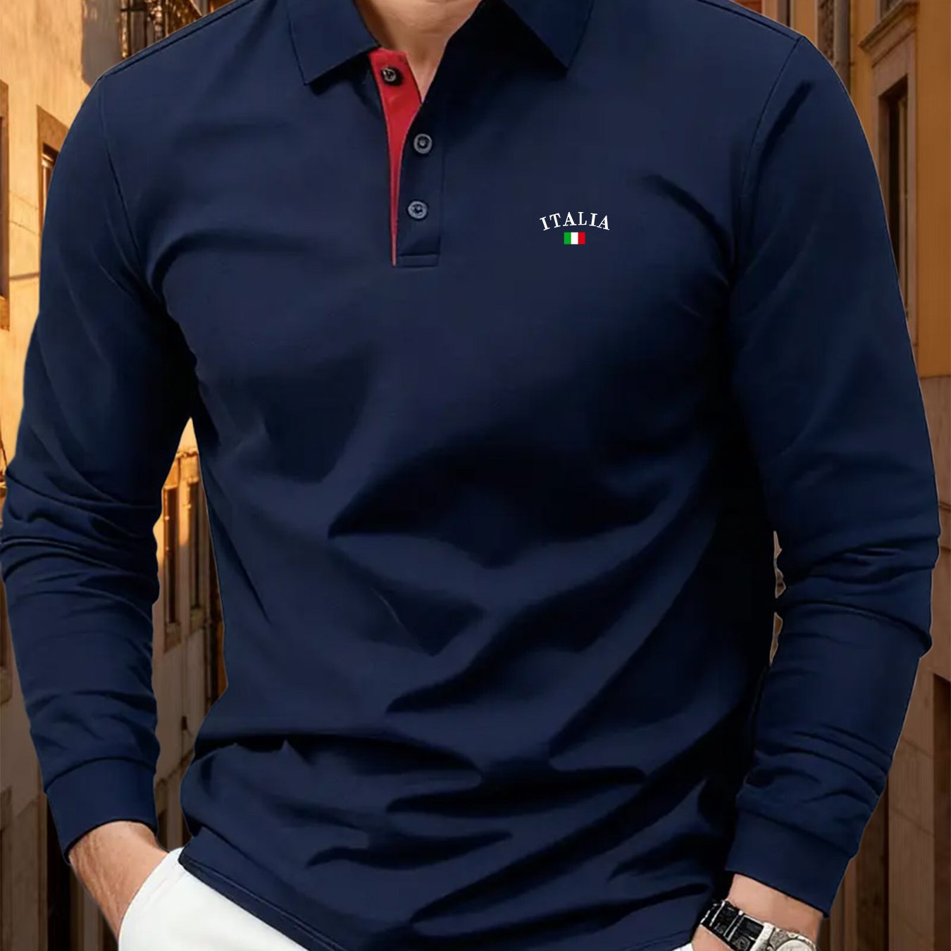 TEMU Elegant Men's Fall Winter Long Sleeve Golf Shirt, Italian Element Pattern Print, 215g Knit Fabric, Classic Contrast , Lapel Button Design,