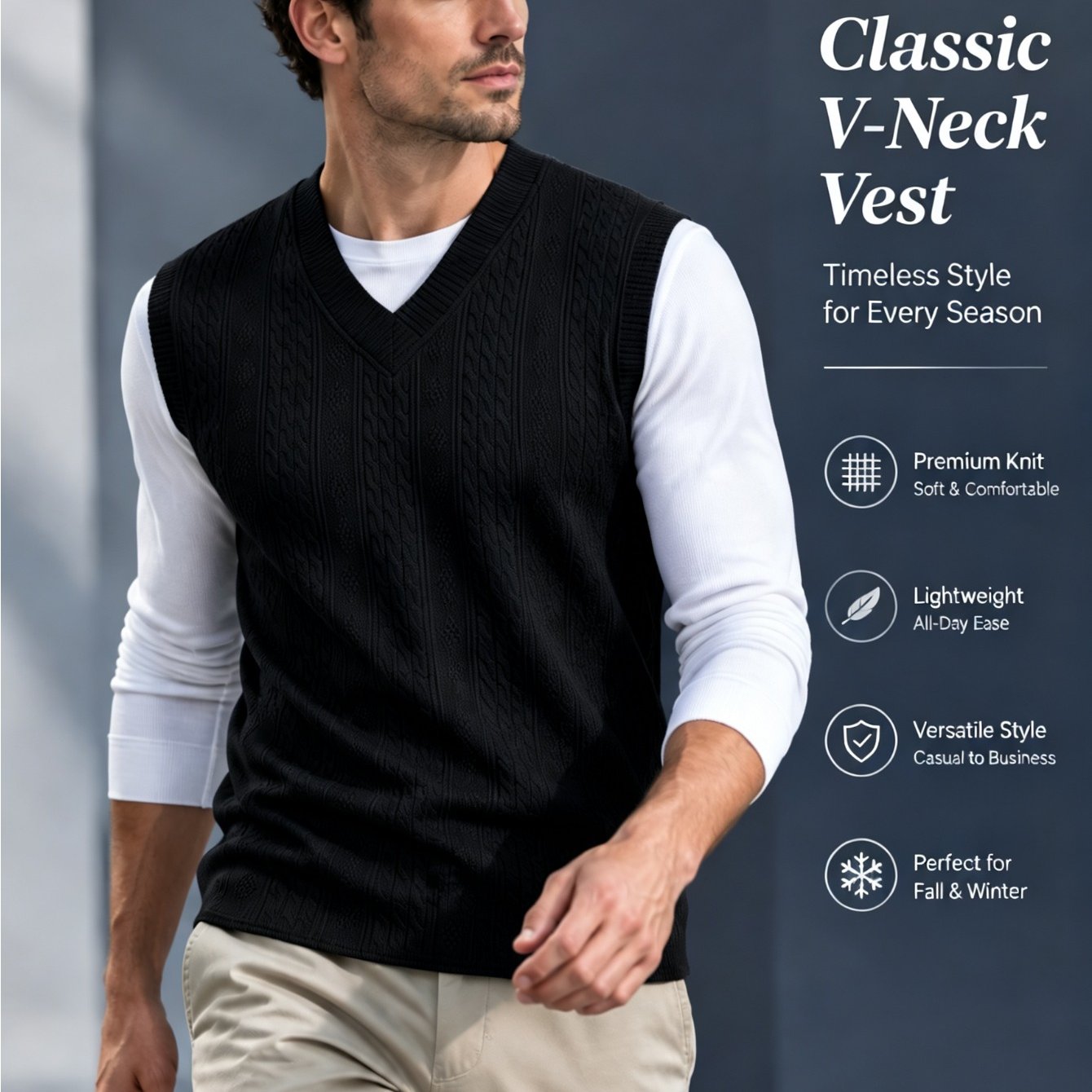 TEMU Men's V-neck Knit Vest, Textured Jacquard Sleeveless Sweater Vest For Casual Layering