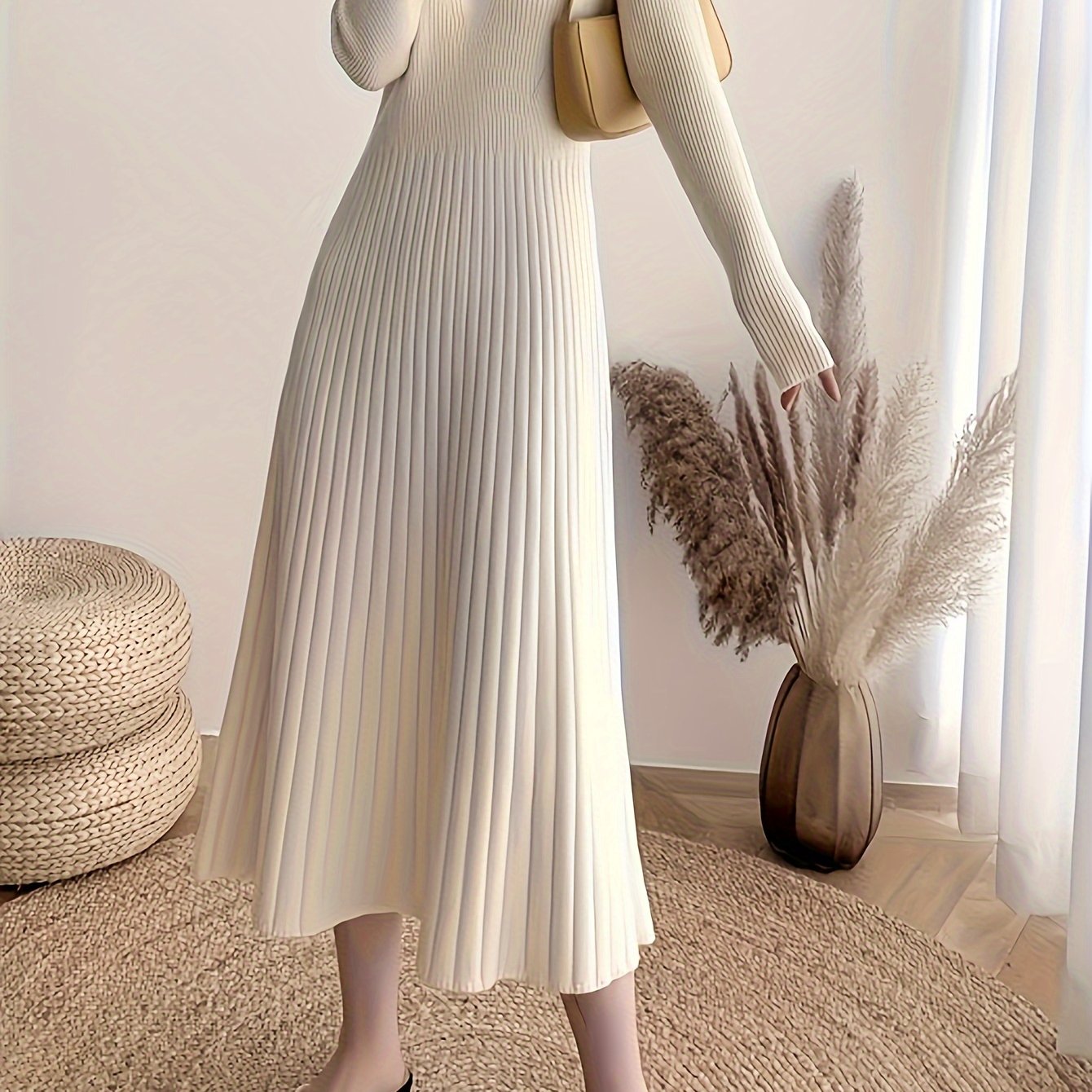TEMU Women's Spring/autumn A-line Directional Style Waist-cinching Base Layer Sweater Dress, New Autumn/winter Mid-length Gentle Style Dress, Women's