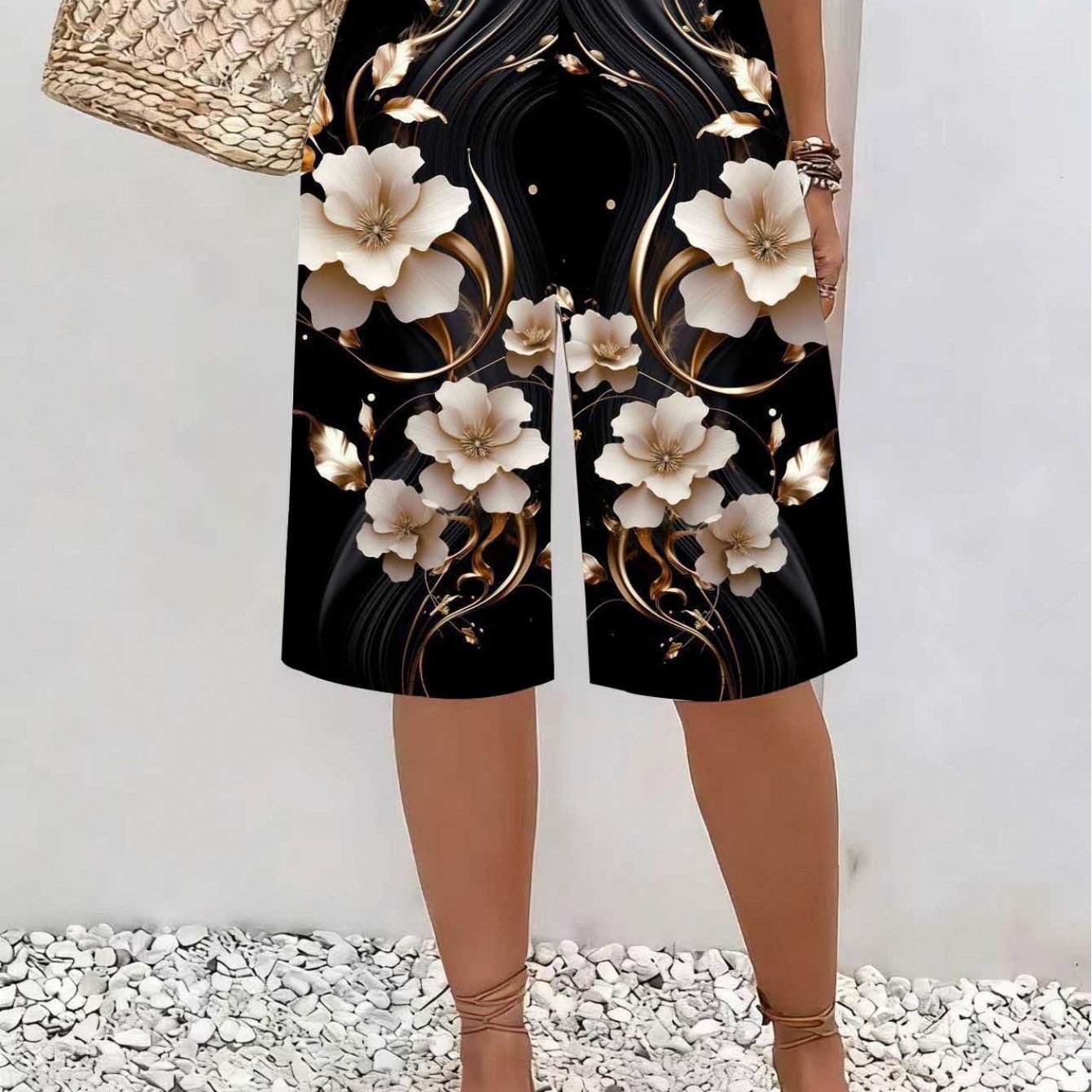 TEMU Gilded Floral Print Side-slit Wide Leg Capri Pants | Gift | Machine Washable | Summer Present | Light Luxury Retro Style Casual Women's Trousers