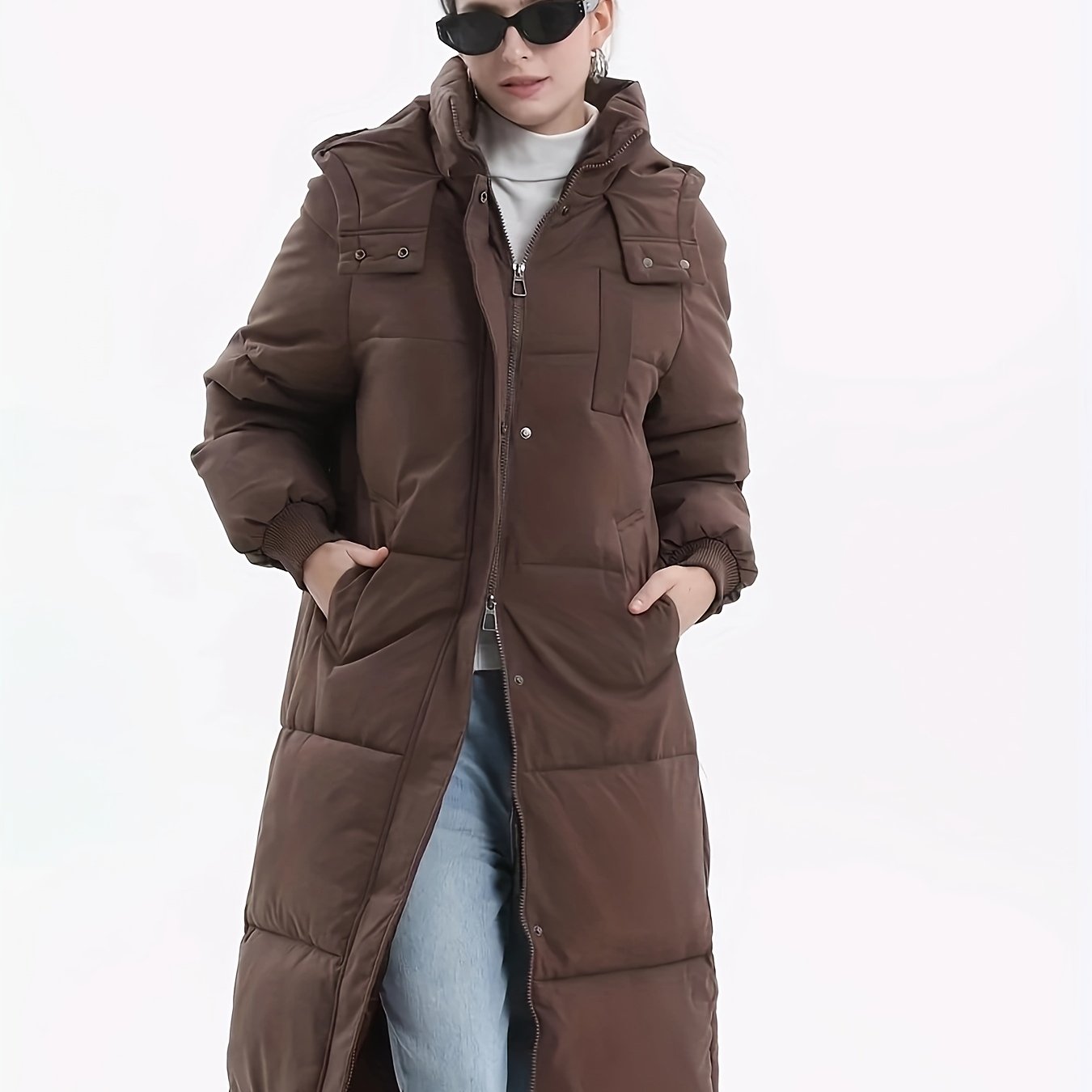 Classic Hooded Long Puffer Coat Women, Long Ladies Quilted Outerwear Jacket Big Pocket, Winter Warm Basic Long Sleeve Tops Coat