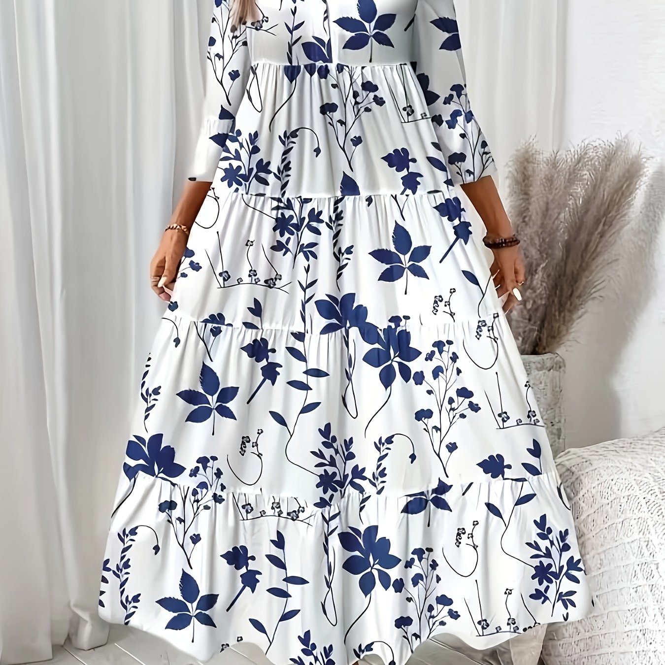 TEMU Directional Floral Print V-neck Pleated Long-sleeve Dress