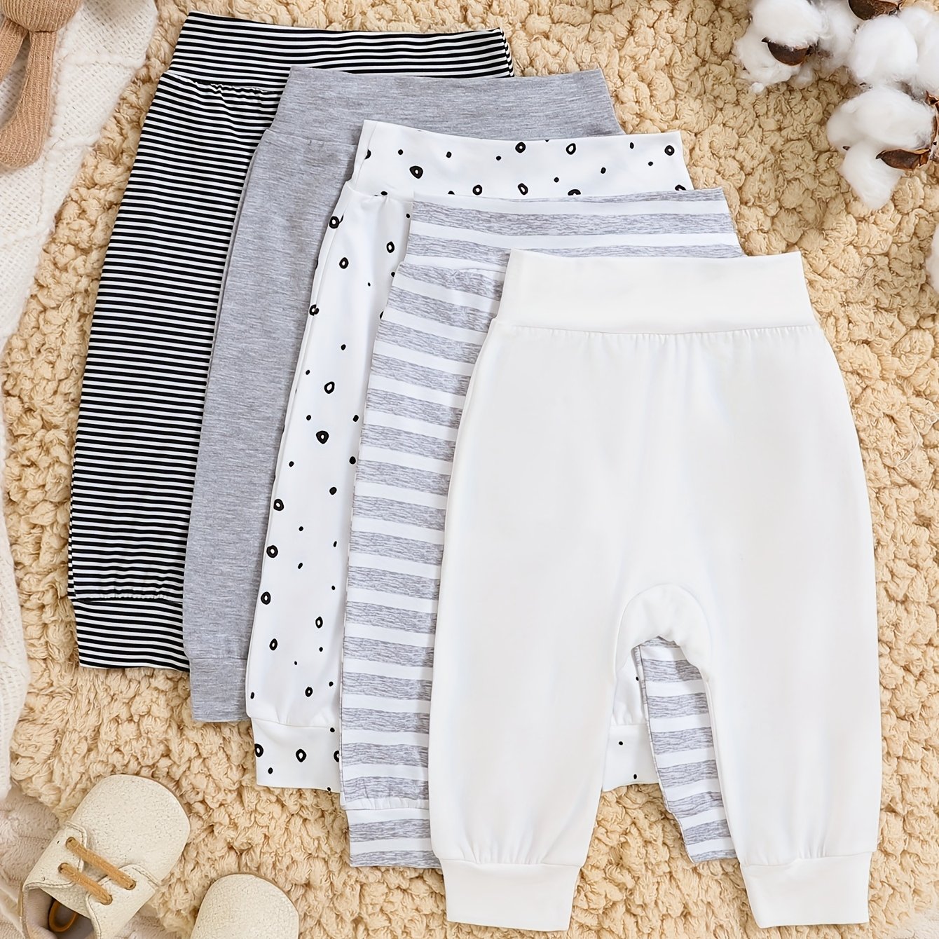 Image of Baby Single Long Pants, 5pcs White Gray Polka Dot Striped Print Comfortable Trousers, For Outdoor, Boys And Girls Clothes, Christmas, Halloween