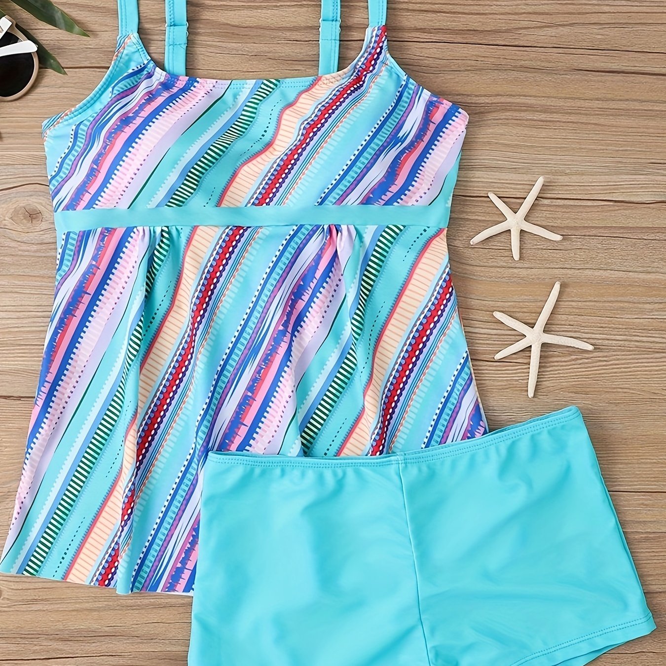 Blue Stripe Plus Size Shorts Two Piece Tankini Set - Color Stripe / S