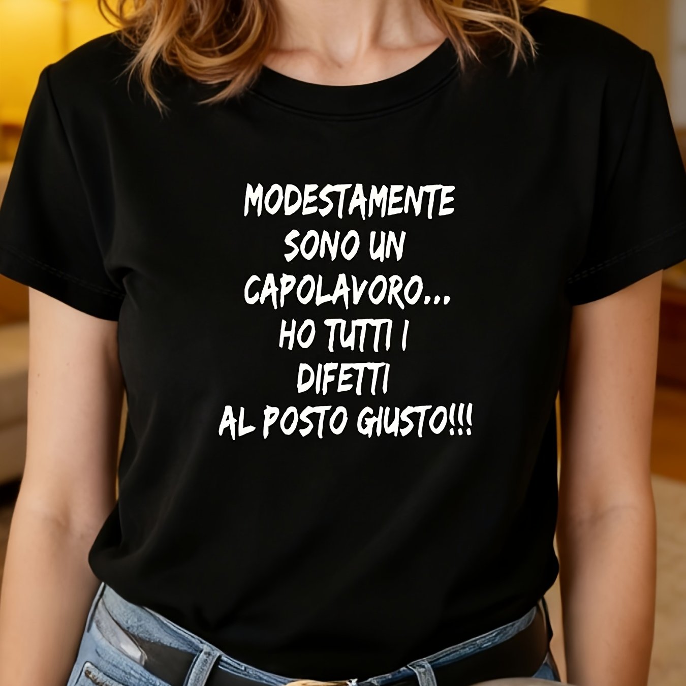 TEMU Women's Italian T-shirt " Un " - Crew Neck Short Sleeve Top With Italian Lettering Print, Medium Stretch Suitable For Layering, Casual Casual