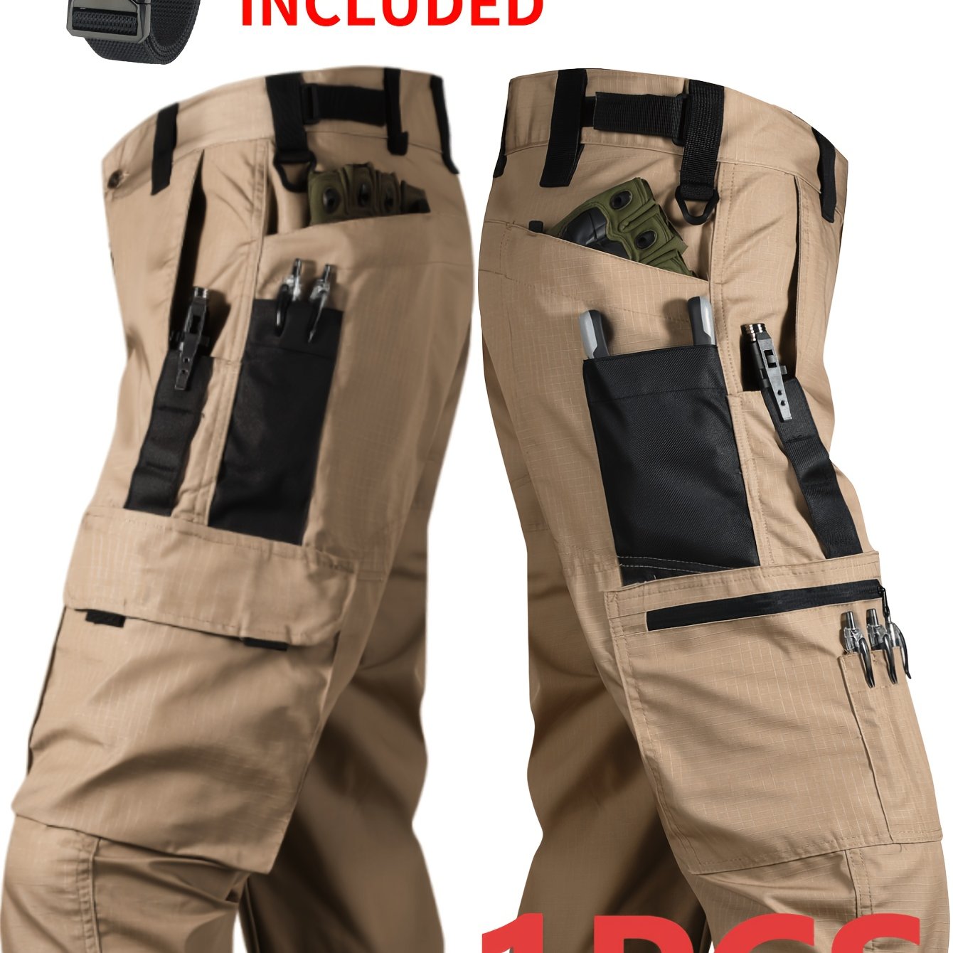 TEMU Men's Tactical Cargo Pants - Casual Pants - Lightweight, Quick Drying, Breathable, Multiple Pockets (no Waistband) - Gray And Beige, Great For