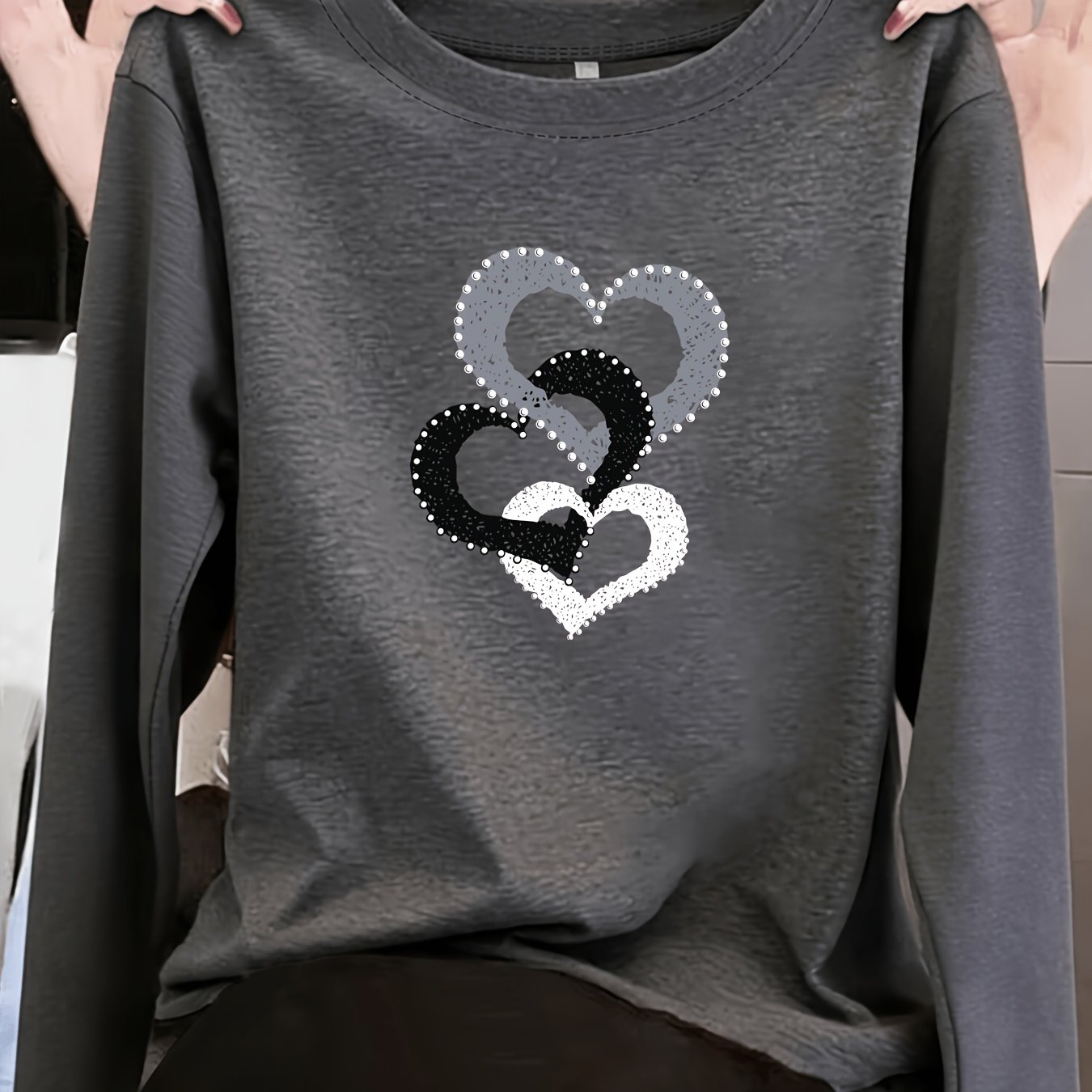 TEMU Spring, Autumn, Winter, Simple Crew Neck Fashionable Loose Versatile Casual Long-sleeve T-shirt, Women's Top Printed Inner Layer, Base Shirt,