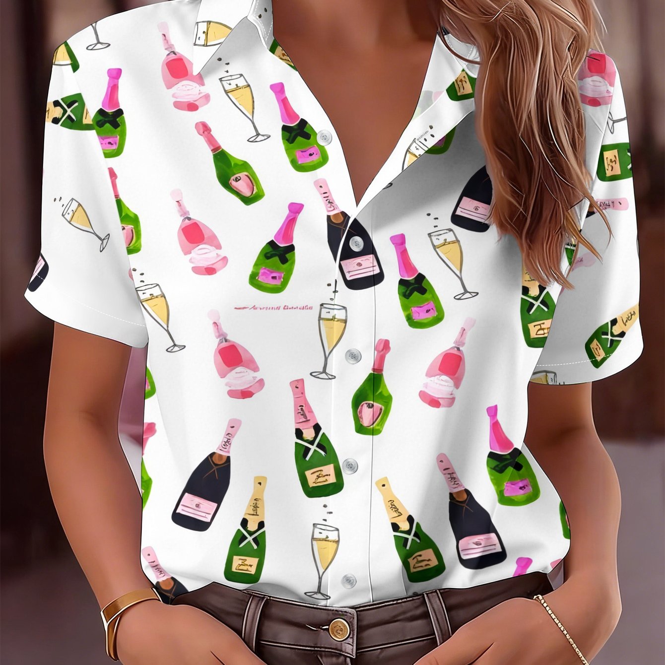 TEMU Women's Button-up Short-sleeve Shirt With Bottle & - Collar Blouse Top, Full-body Wine Themed, Machine Washable Spring Summer Casual Blouse