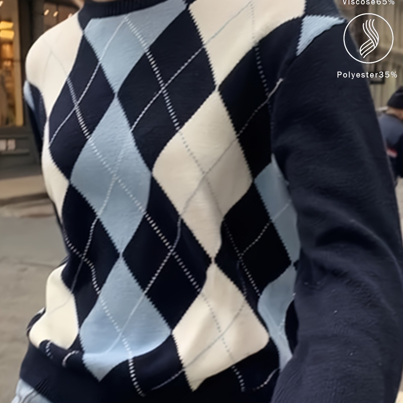 Women's Navy And White Jumper Argyle Print Crew Neck Sweater Long Sleeve Preppy Outfit For Daily &