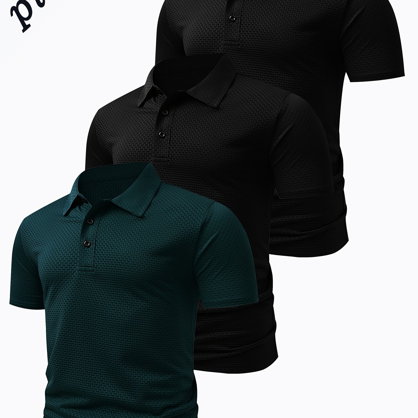 TEMU Plus-size Men's Fashionable Casual Short-sleeve Shirt, 3pcs With , For Outdoor Golf, Lightweight Quick-dry Jacquard Fabric, Suitable For Running