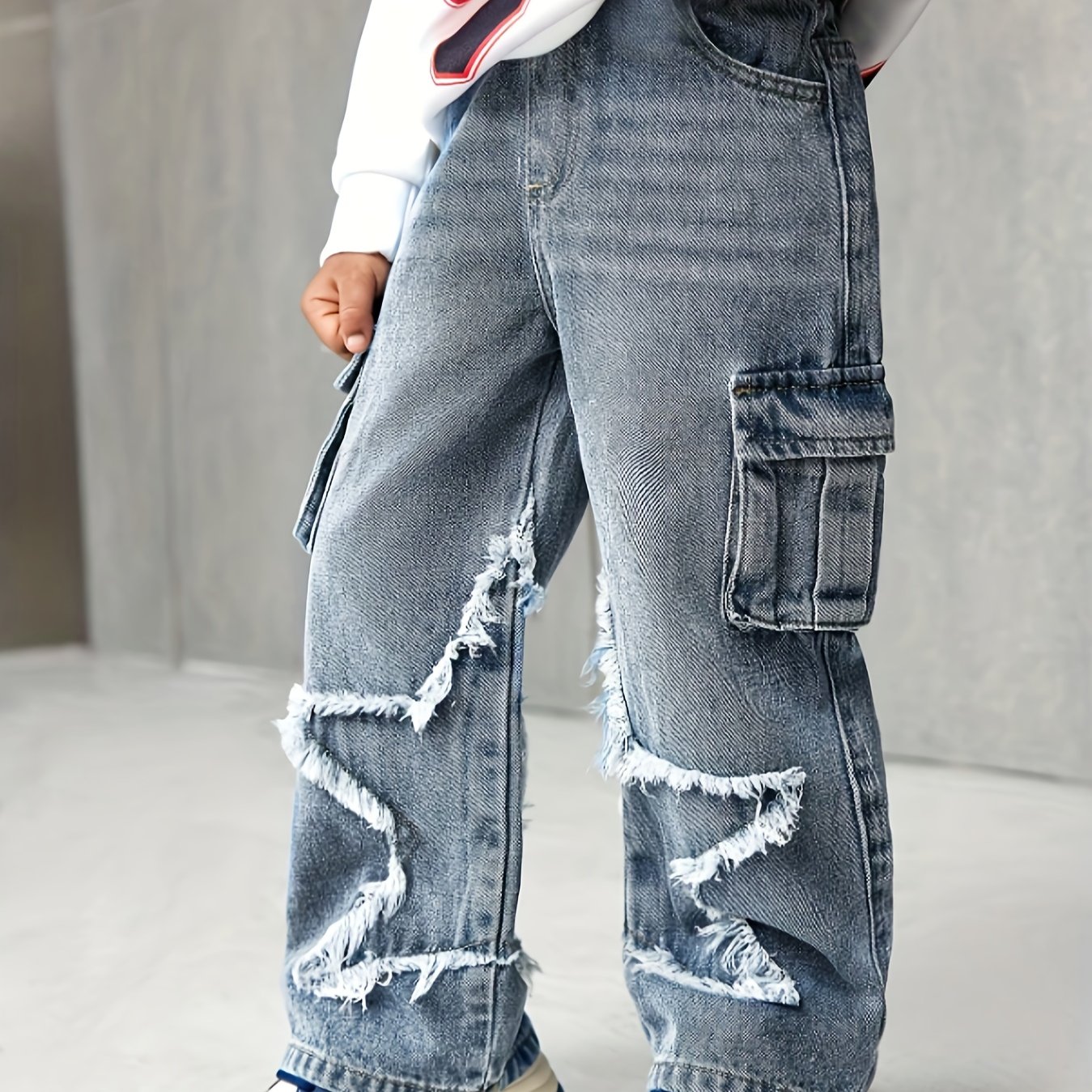 Boys' Jeans, Fashionable Cargo Pants, Embroidered Star, Bleached Cat Washed, All-match Jeans, Boys' Comfortable Cool Loose Trendy Jeans, Street Casual Hip-hop Trousers, Daily Casual Long Pants