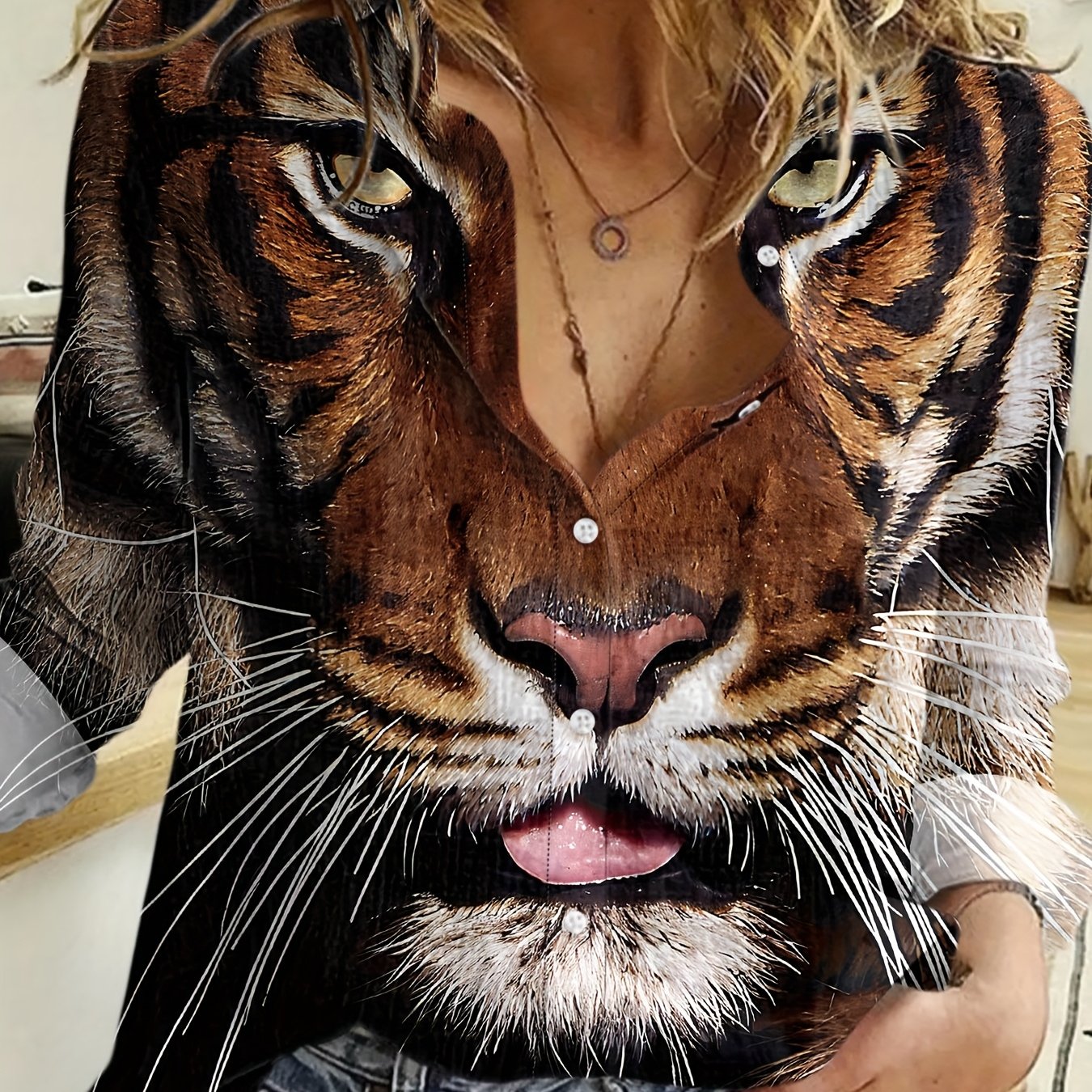 Shimida Women's Vintage Tiger Print Button-up Casual Cardigan, Full Print Lapel Long Sleeve Shirt For Daily Wear And Vacation