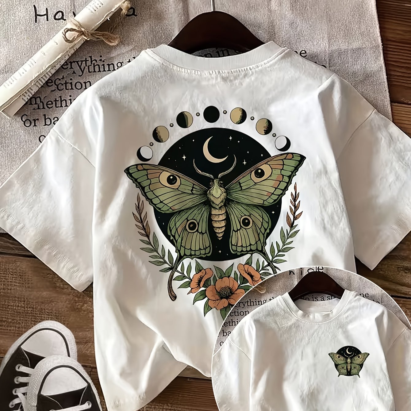 TEMU Summer Casual Women's Top, Reversible Printed Design, Mysterious Theme, Moth And Phase Patterns, Round Neck Short Sleeve T-shirt