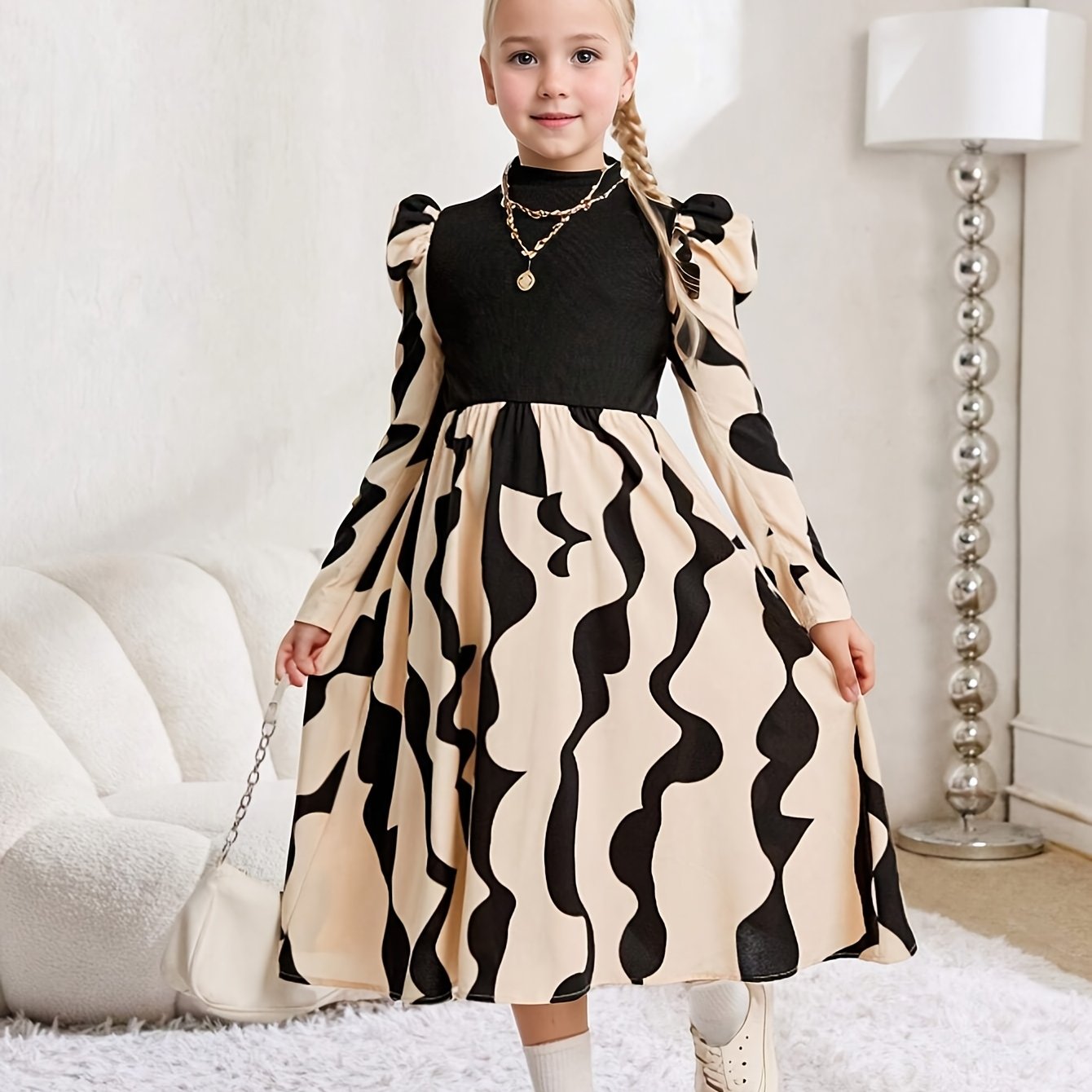 Image of Girls' Spring/autumn Irregular Striped Print Knit Long Dress, Elegant, Party, Girls' Clothing, Vintage Fashion