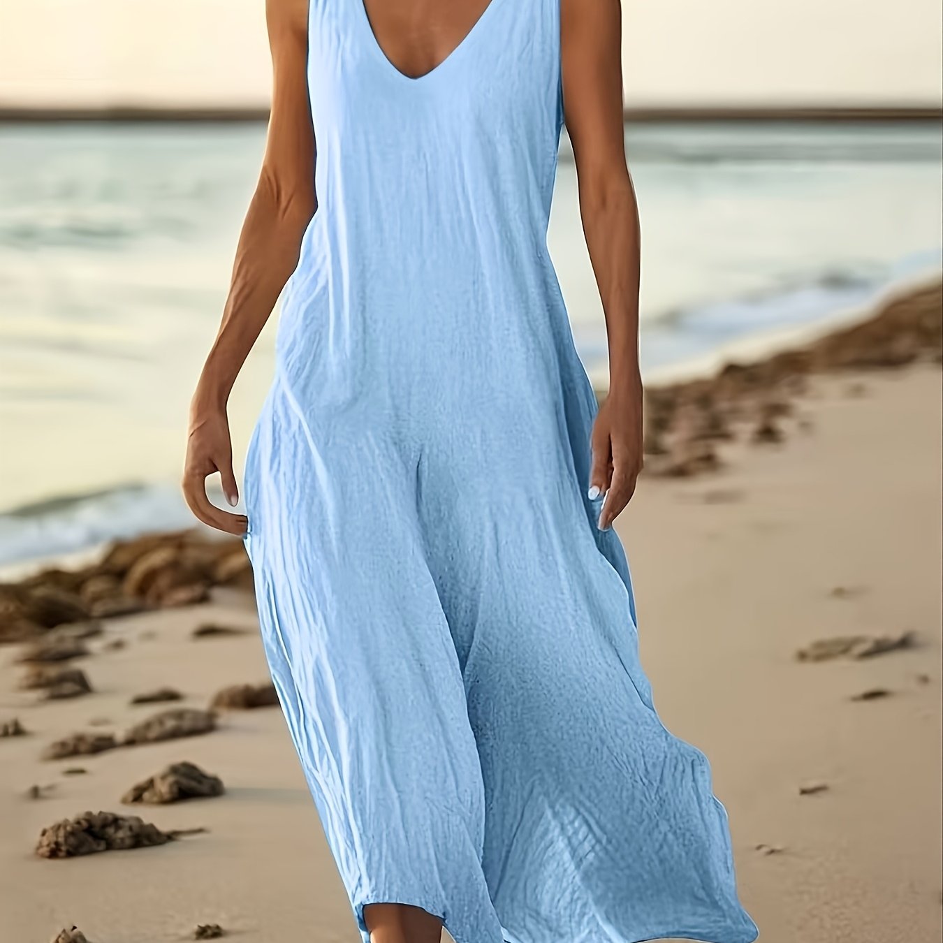 Image of Plus Size, Solid Color V-neck Sleeveless A-line Maxi Dress • Elegant And Flowing Beach Wedding Guest Gown • Party Dress & Dress For Casual To Formal Occasions • Machine Washable