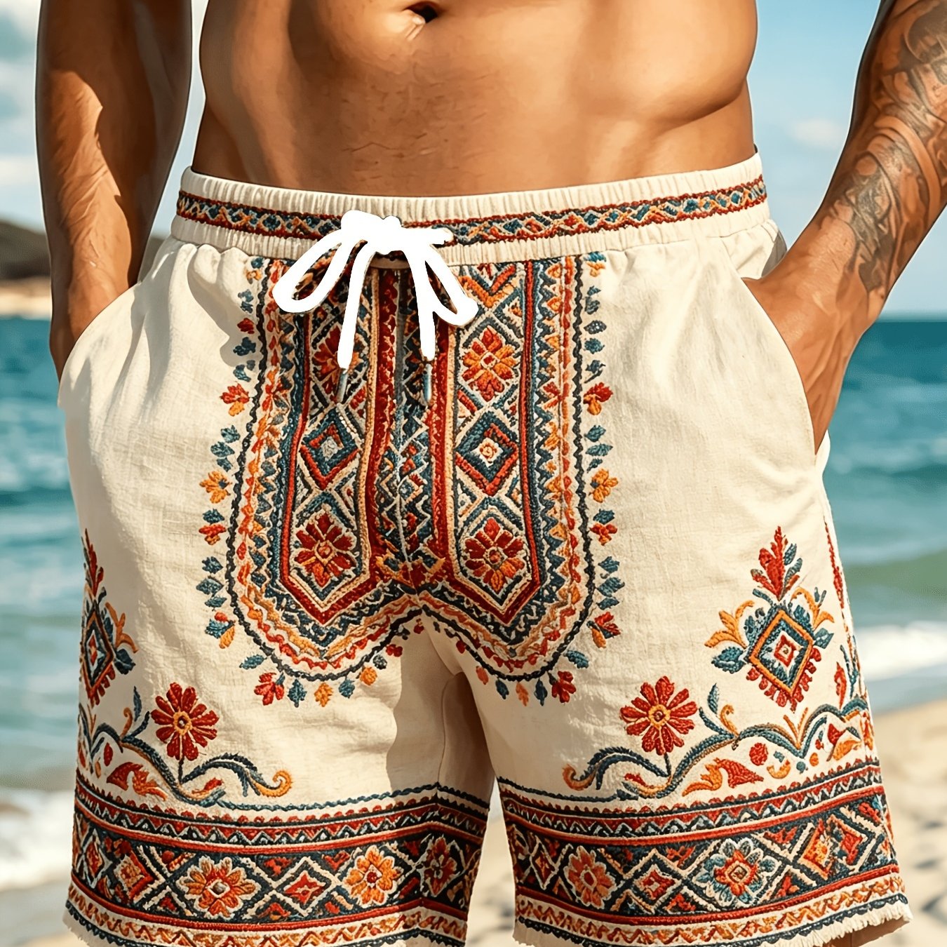 TEMU [print Design-not Textured] Men's Beach Shorts, Men's Short Pants, Bohemian Ethnic Style Pattern Print, Athletic Shorts, Thin Shorts, Casual