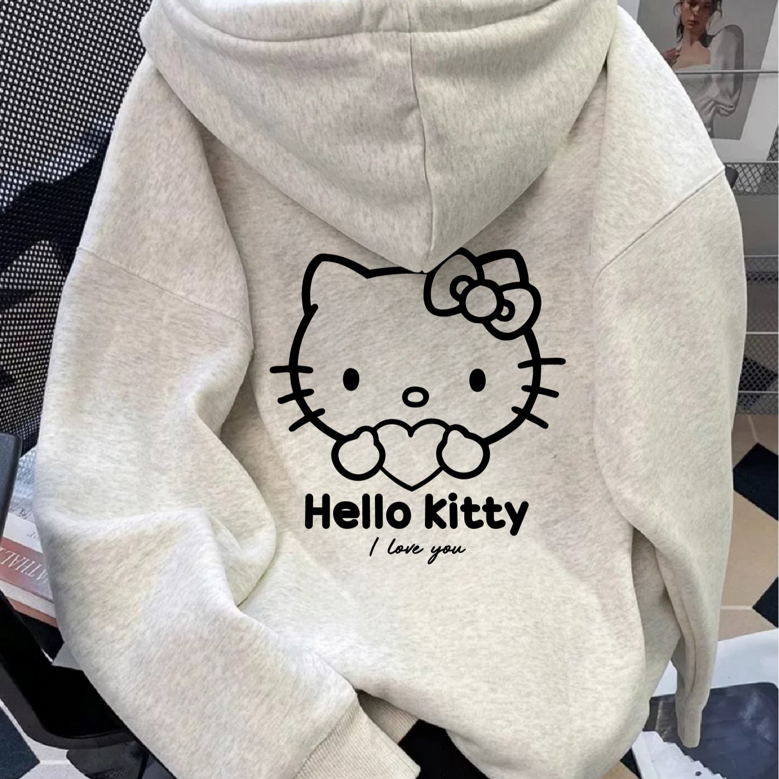 Image of Style New Hello Print Long Sleeve Hooded Sweatshirt, Plaid Design For Women And Men, Autumn/winter Fashion Brand, Loose 's -lined Hoodie Cardigan Top