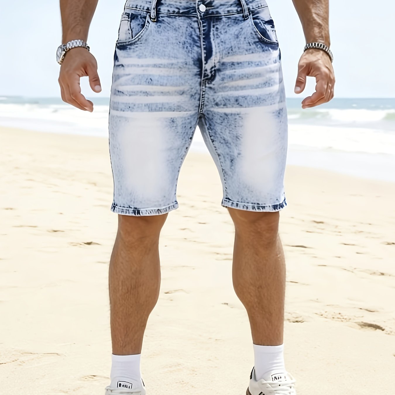 Men's Snowflake Craft -dye Blue White Casual Fashion Versatile Suitable For Daily Outing Light Blue Denim Shorts Bermuda Shorts