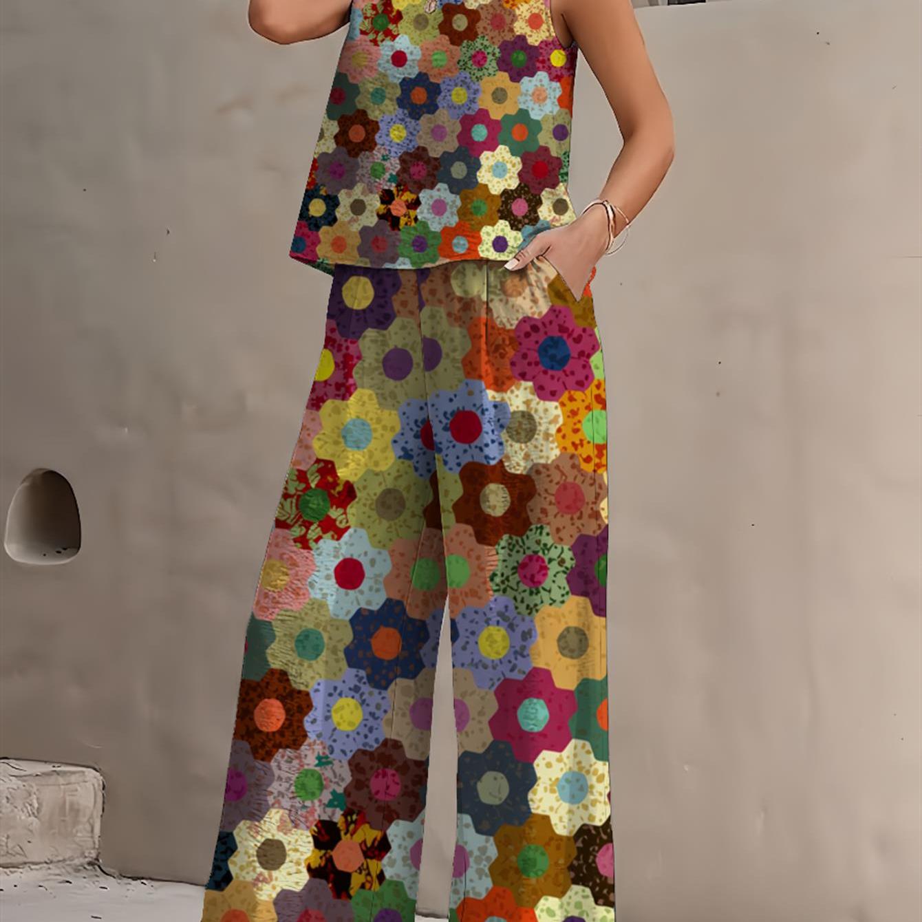 Image of Vibrant Retro Mosaic Floral Print Sleeveless Top And Wide Leg Pants Set, Colorful Six-petal Pattern Casual Vacation Outfit With Side Pockets For