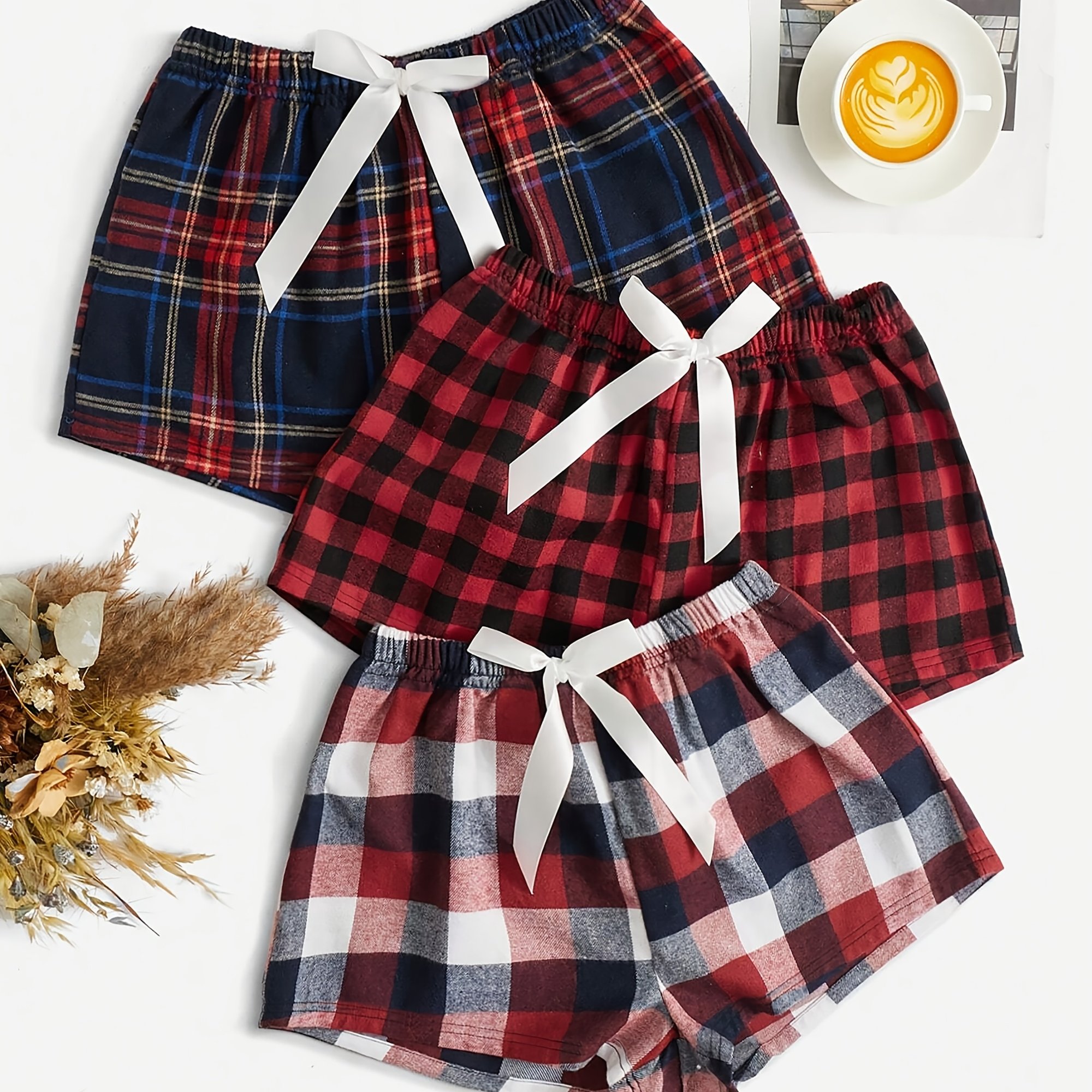 Image of -piece Set Of Comfortable Casual Shorts For Women, Featuring A Belt With A Bow Decoration, Creative Plaid Prints, And A Loose Fit With An Elastic Waistband