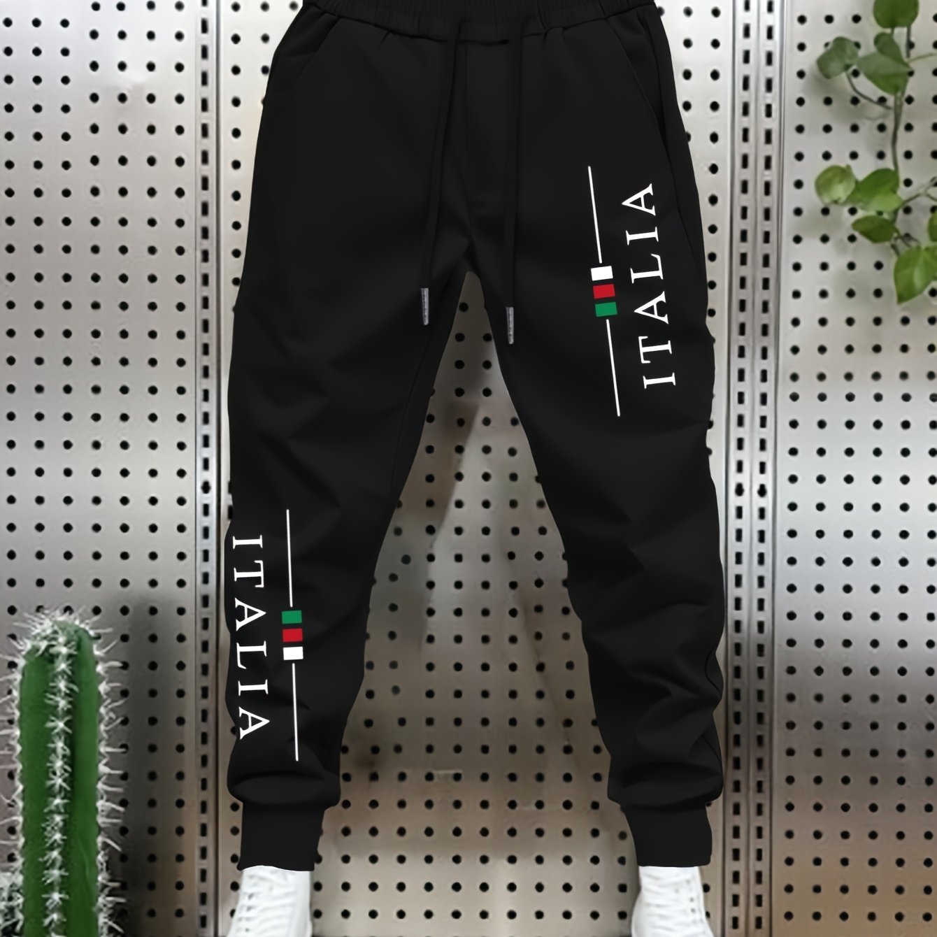 TEMU Easy Vacation Elastic Fabric Italian Font Flag Print Pattern Athletic Men's Casual Trendy Long Pants