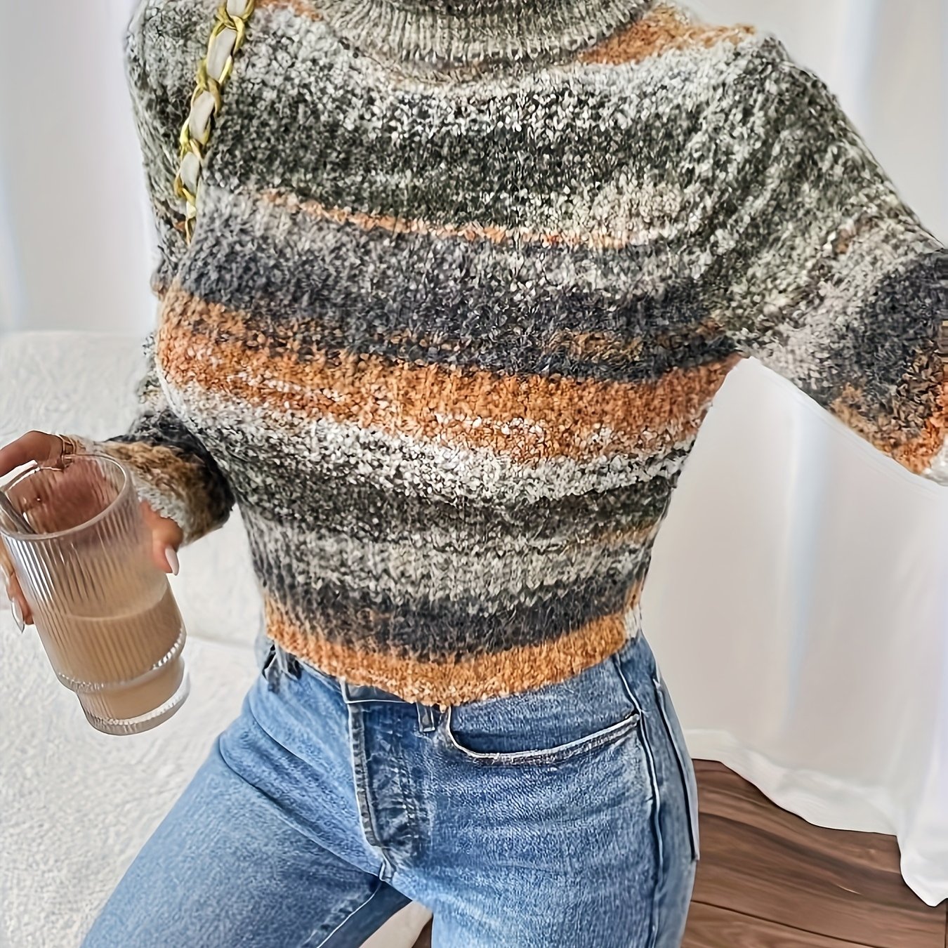 Women's Short Multicolor Turtleneck Long Sleeve Sweater, Business Casual