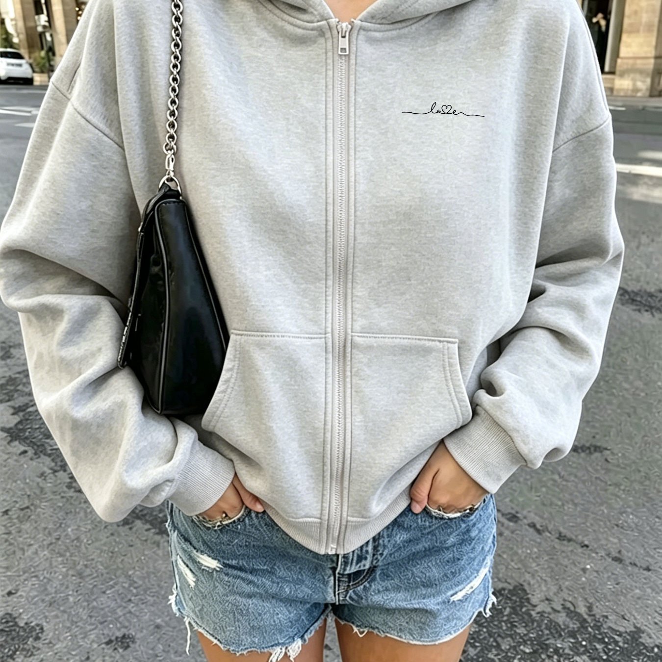 TEMU Minimalist Handwritten Style Word Print Hoodie, Korean-style Ins- Top, Casual Loose Zip-up, Low-key Versatile Daily Outerwear Jacket