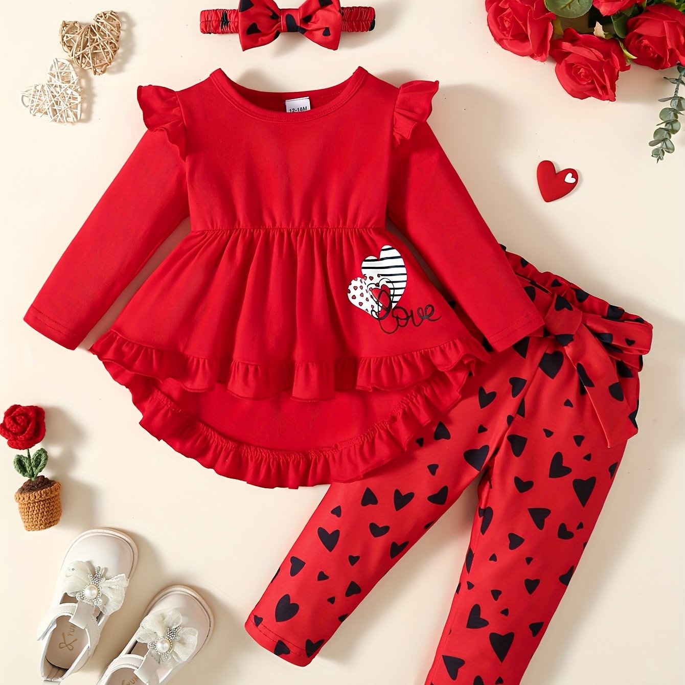 Sunsiom Toddler Girls Clothes Long Sleeve Round Neck Heart Print Romper  Tops Bell Bottoms Pants Valentine's Day Casual O Kid Size 12M