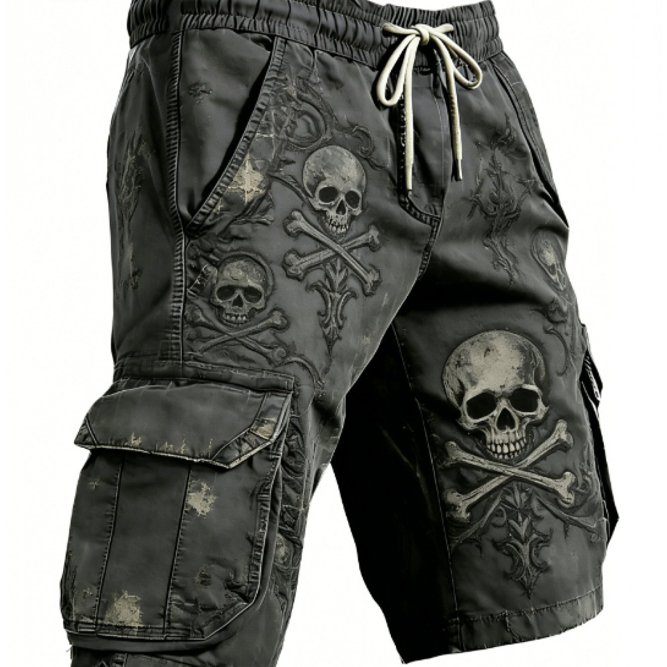 Men's Vintage Distressed Skull Print Cargo Shorts - Elastic Waist Dark With Multi- Suitable For Outdoor, Casual Wear & Everyday Use, Machine Washable Retro Shorts