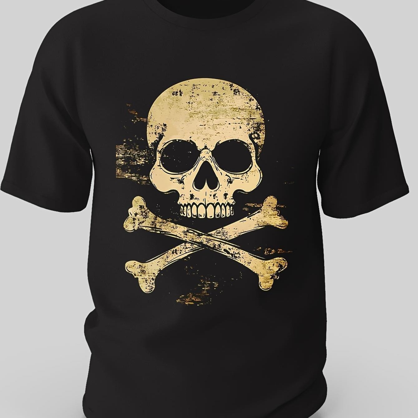 Men's Heavyweight 100% Cotton Pirate T-shirt With Gothic Skull & - Black & Crewneck Short Sleeve Tee For Casual Wear, Pirate Parties, Themed Events - Edgy Streetwear For