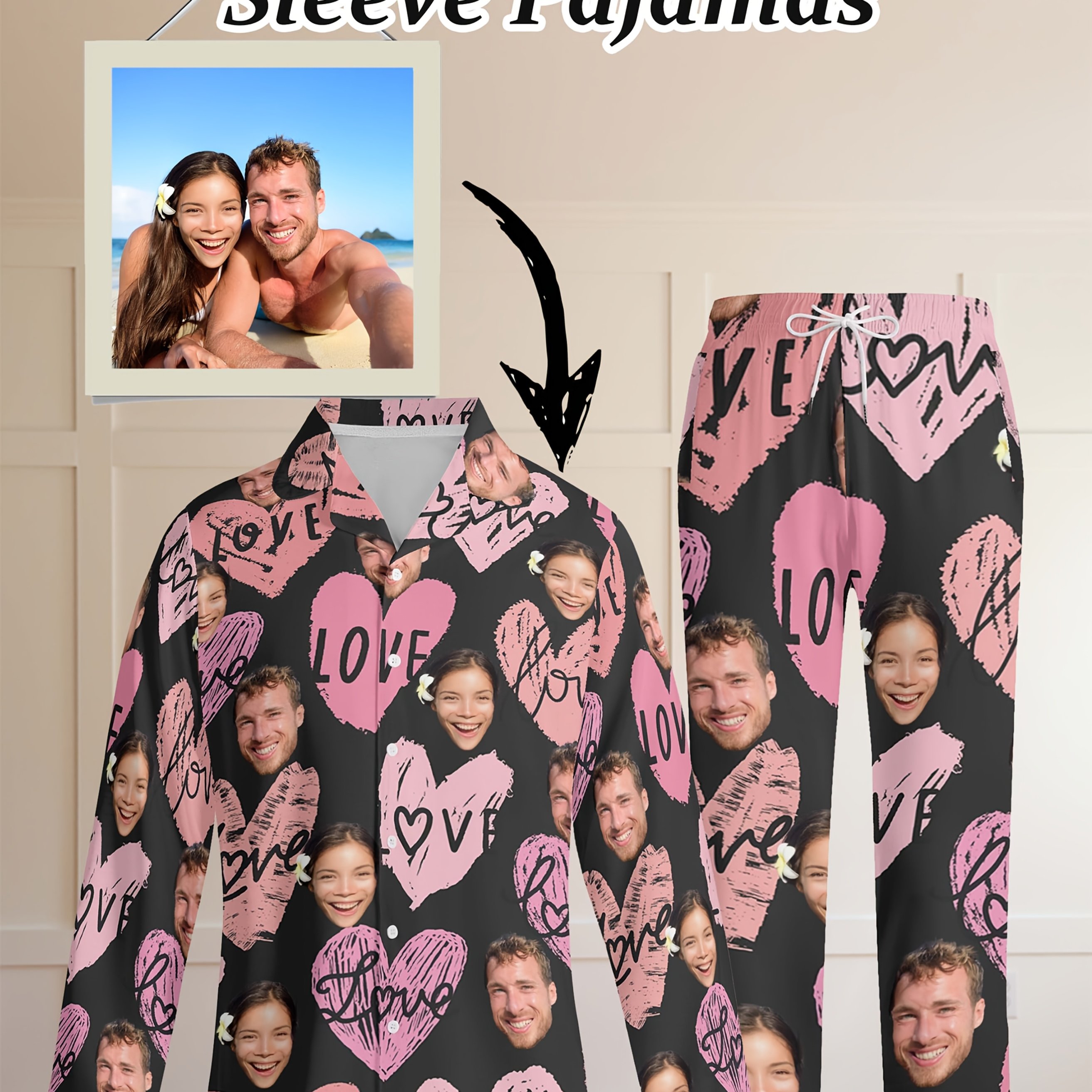 TEMU Customized Plus Size Collared Long-sleeved Pajama Set, Personalized Pajamas, Custom Men's And Women's Face Pajamas, Custom Fun Pajamas With Pet
