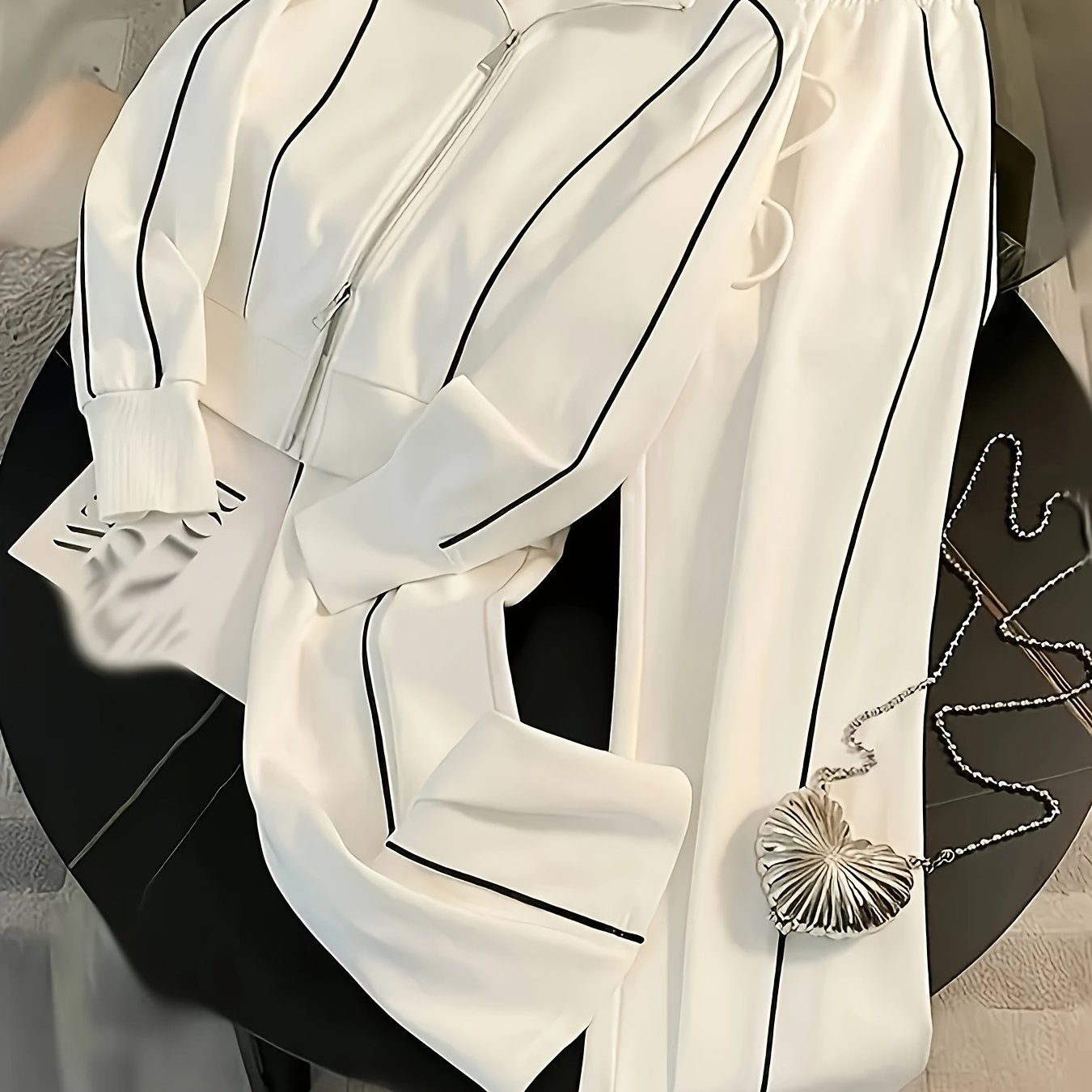 TEMU Women'-piece Set: Long-sleeve Zippered Jacket With Collar And Contrast-color Drawstring Pants For Casual Swear /autumn