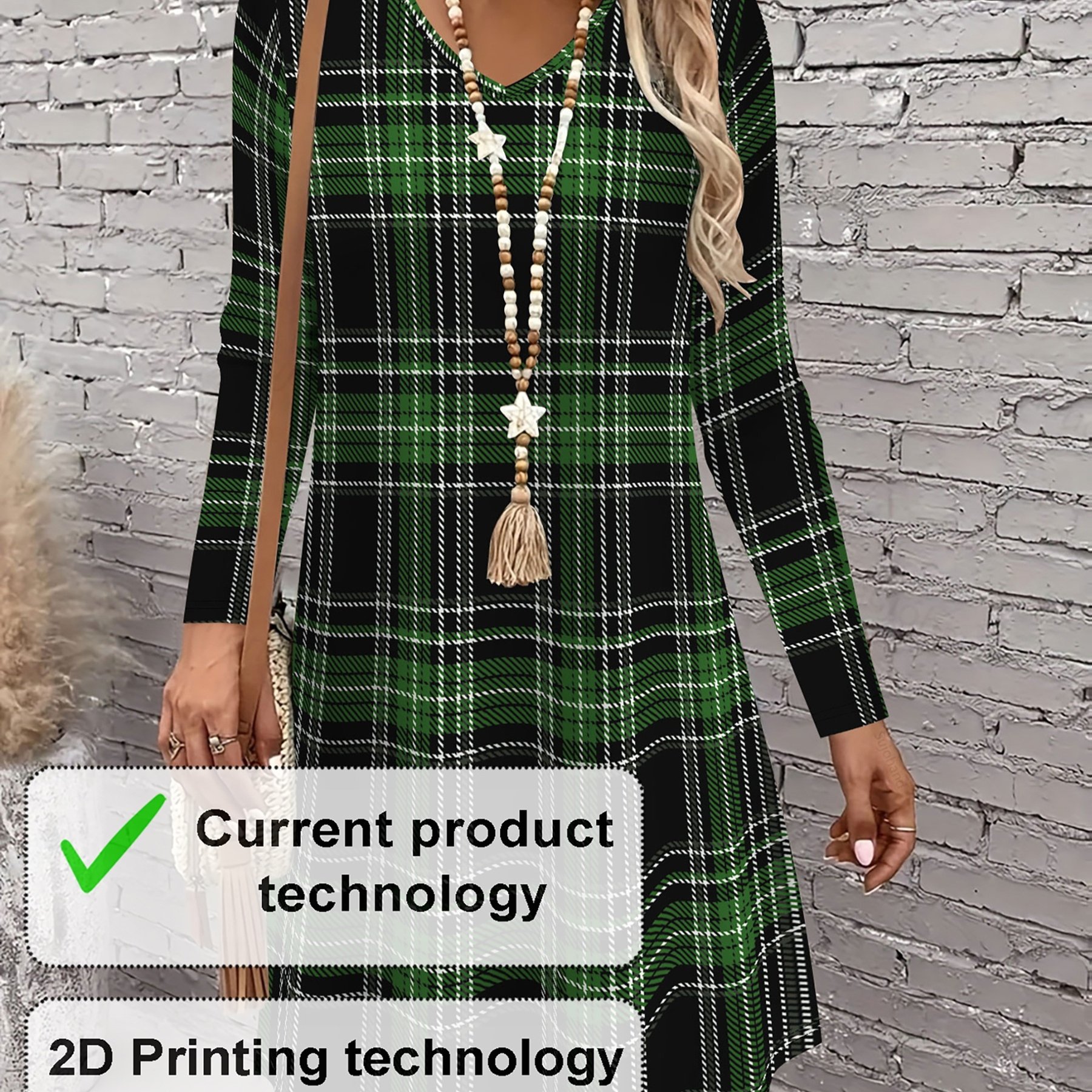 TEMU 2d Printed Vintage Fashionable Elegant Simple Abstract Painting Color-block Graphic Print Breathable V-neck Long Sleeve T-shirt Dress, New
