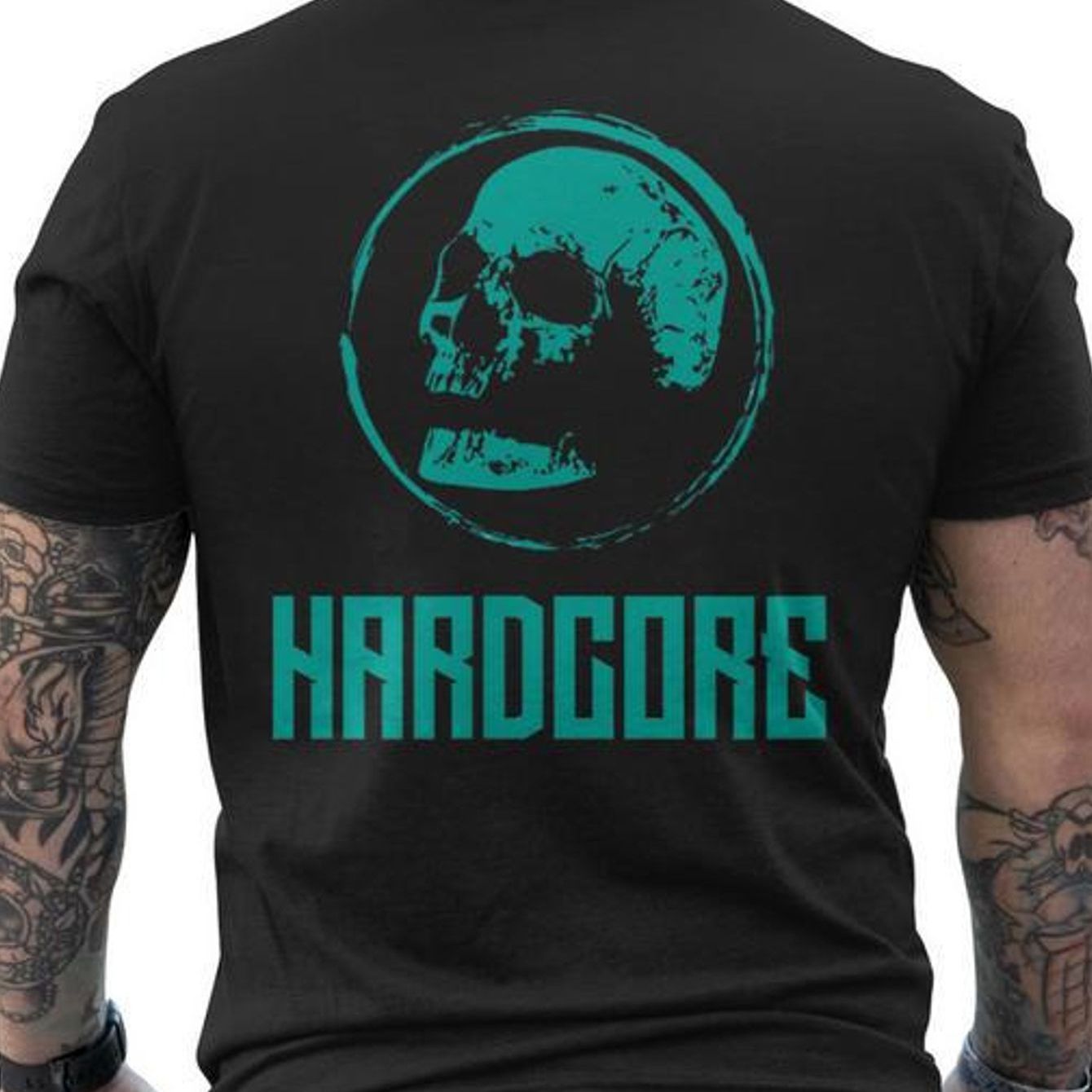 Image of Men's Hardcore Techno Dj Music T-shirt - Turquoise Teal Back Print With Logo & Skull Design - Pure Cotton Breathable Short Sleeve Shirt For Rave,, Festival (regular Fit) - Style Party Outfit
