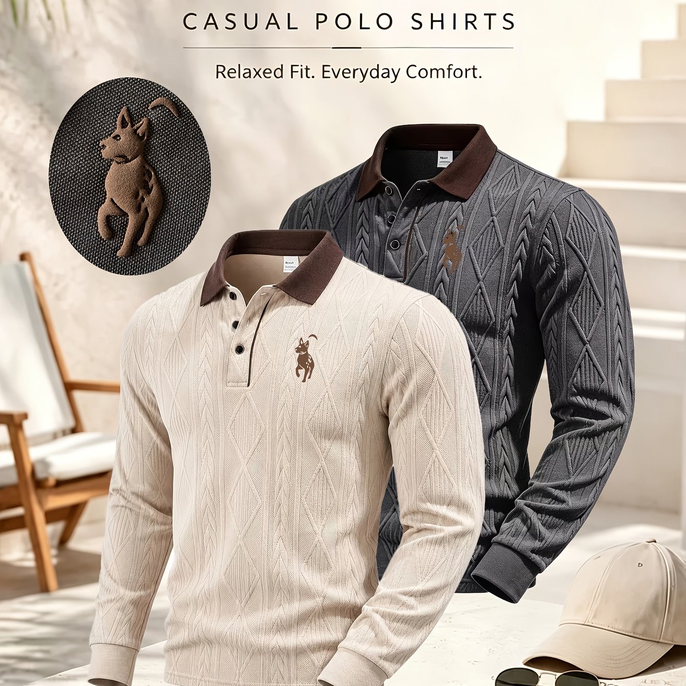 TEMU 2pcs, Autumn ; High-quality Autumn/winter Men's Long-sleeve Lapel Casual Shirt, Three-dimensional Carved Foam Hunting Dog Pattern, Random Print,