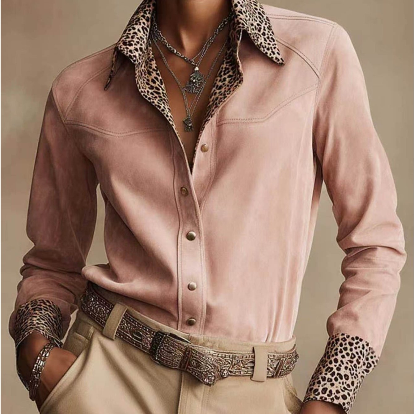 TEMU Women's Western Shirt, Long Sleeve Leopard Print Trim Suede Button- Blouse Asd1 Directional