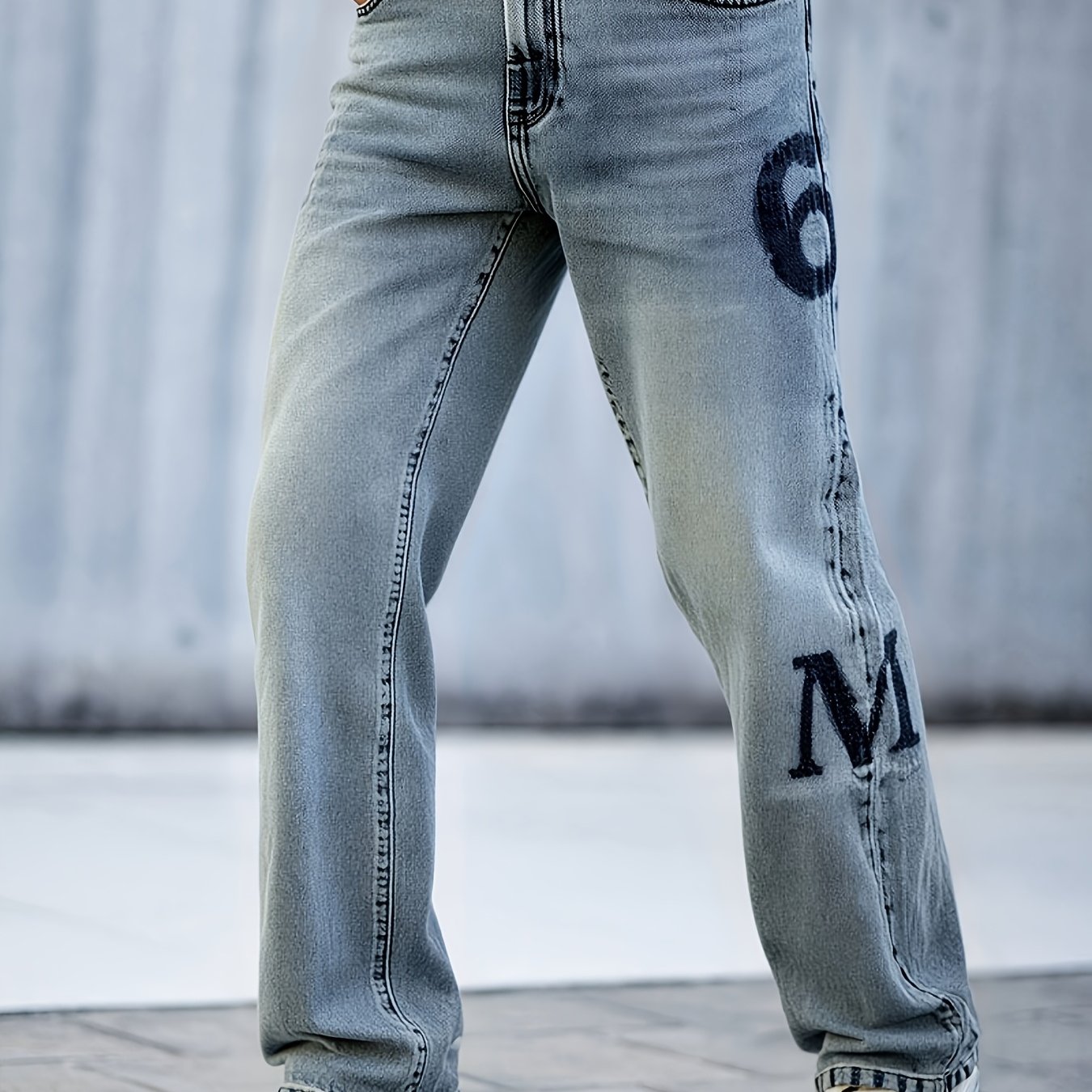 Image of New Arrival Men's Streetwearembroidered Jeans, Loose Straight Fit, Soft Washed Denim, Vintage Urban Casual Hip Hop Style
