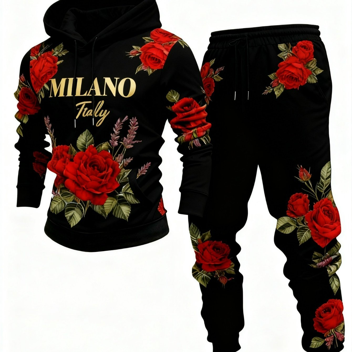 Autumn And Winter Two-piece Set, Men's Fashion Long Sleeve Hooded Outfit, Rose And Green Leaf Print, With '' Lettering, High-quality Fabric, Gift For Men, Suitable For Occasions