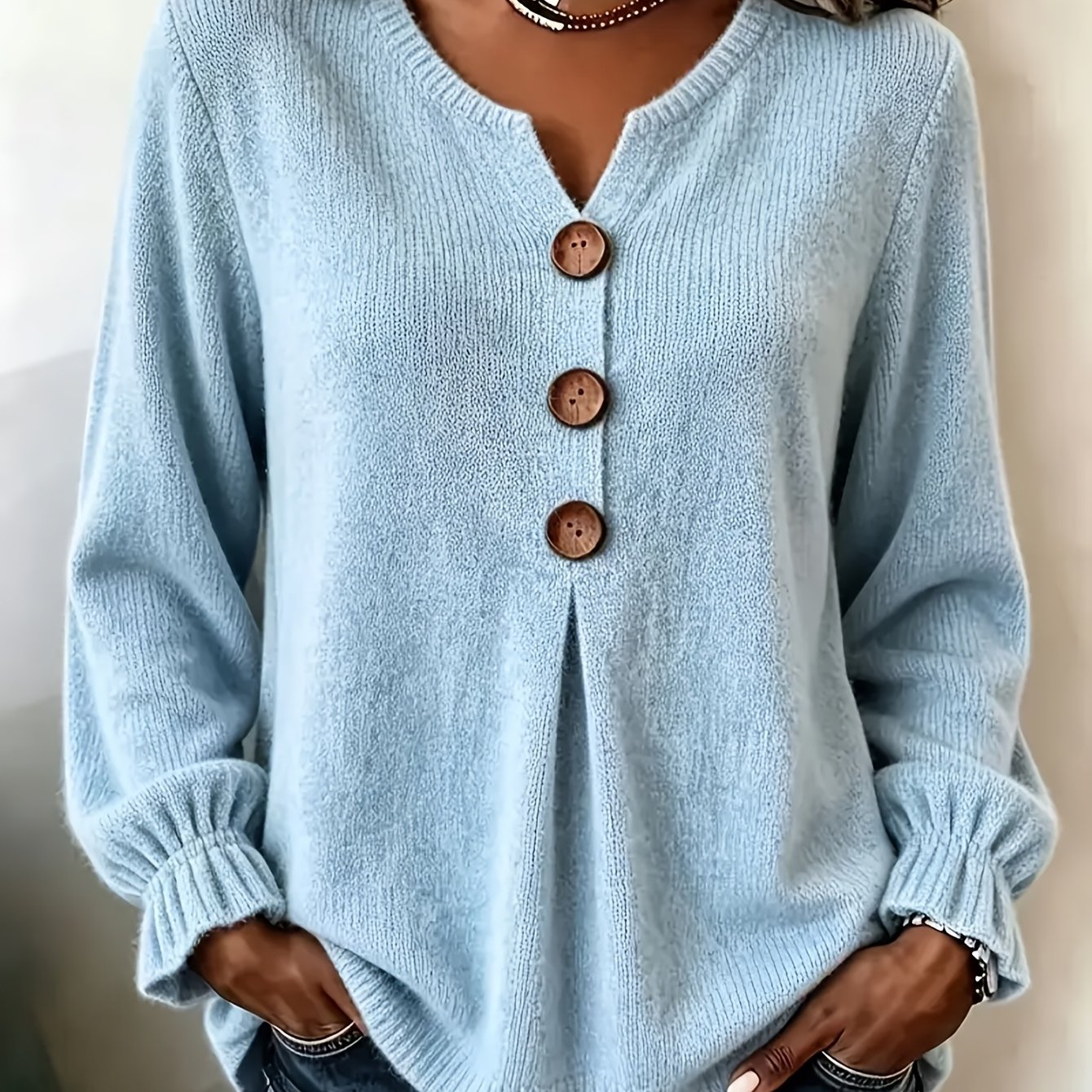 TEMU Plus Size - Plus Size - Women's Elegant Casual Cute Sexy Middle Eastern Style Spring Autumn Solid Color Round Neck V-neck Button-decorated Bell