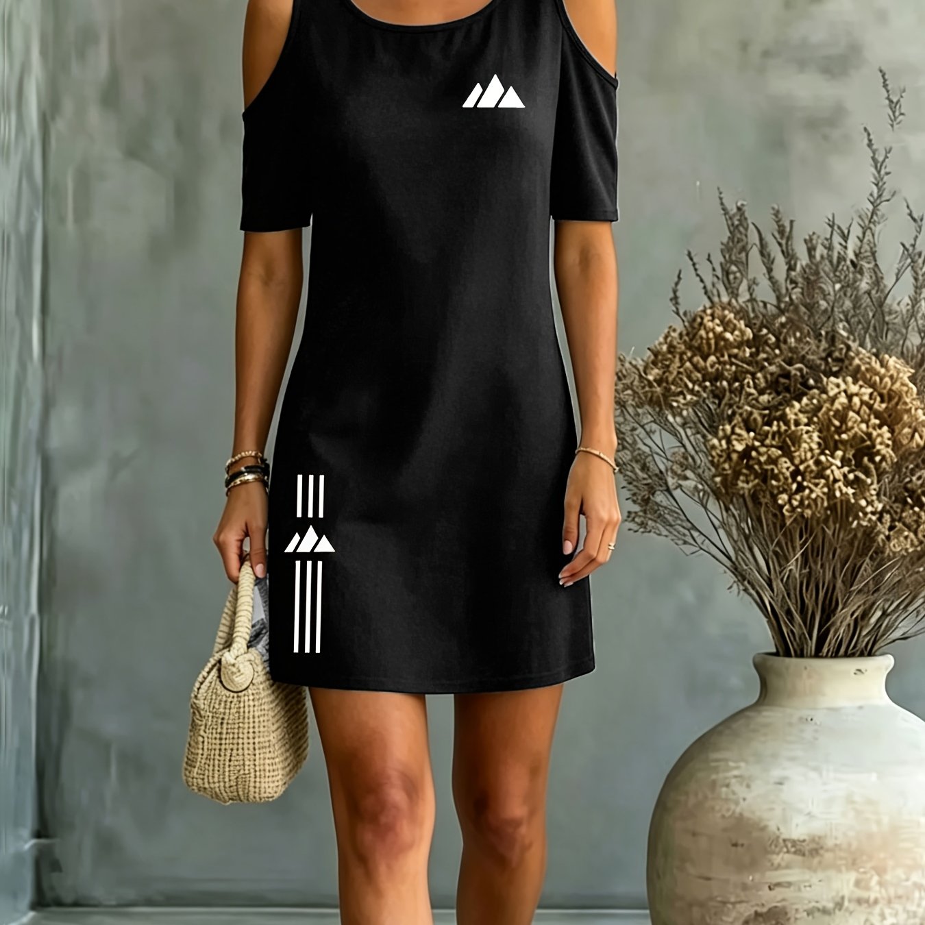 TEMU Off-the-shoulder Dress. Off-the-shoulder Casual T-shirt Dress, Crew Neck Short Sleeve Loose Fit Mini Dress, Summer Daily Basic Dress