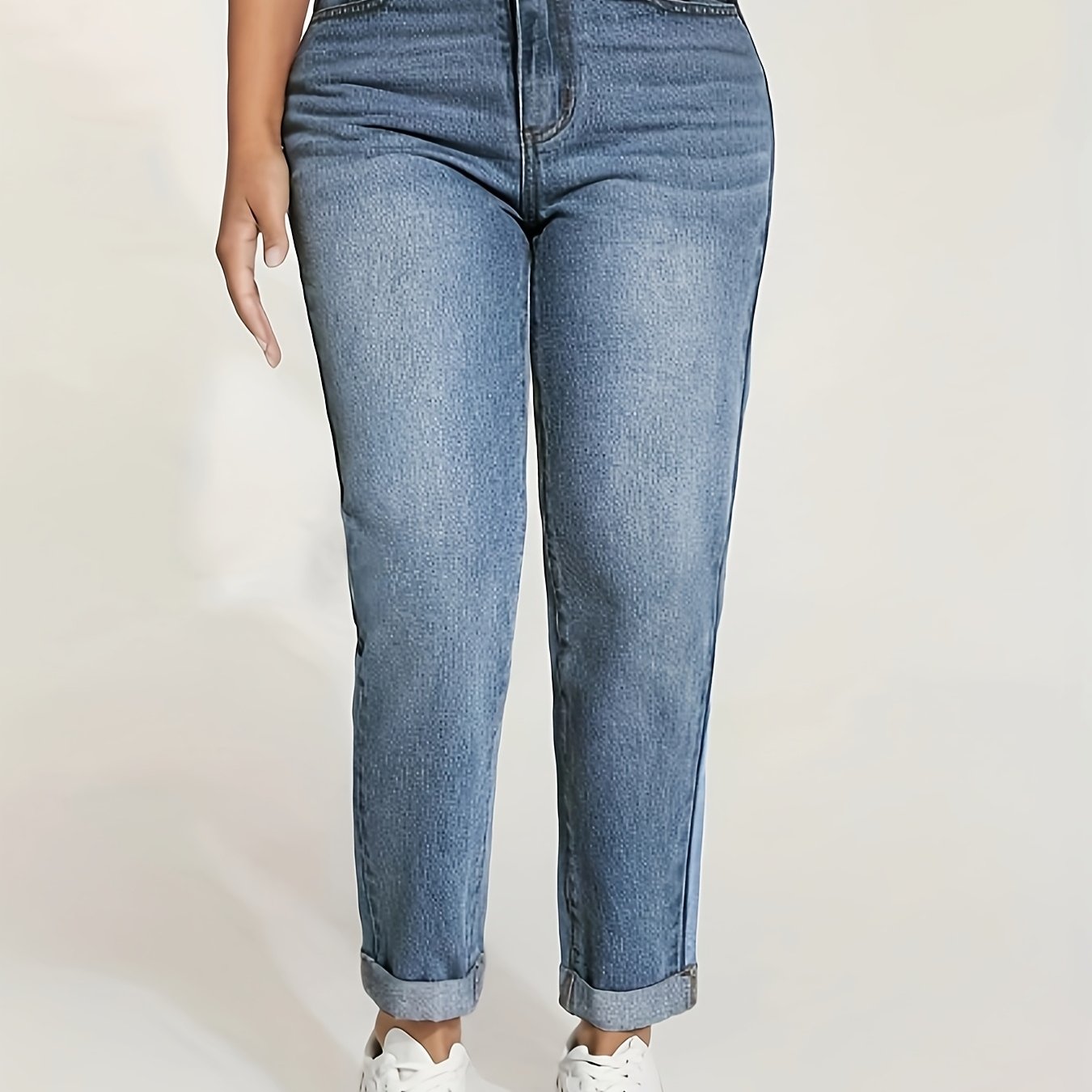 Image of Women's Straight-leg Stretch Pants With Elastic Waist & Rolled Cuff - Medium-wash Washable Casual Trousers Suitable For - Wear, Machine Washable Straight Leg Jeans