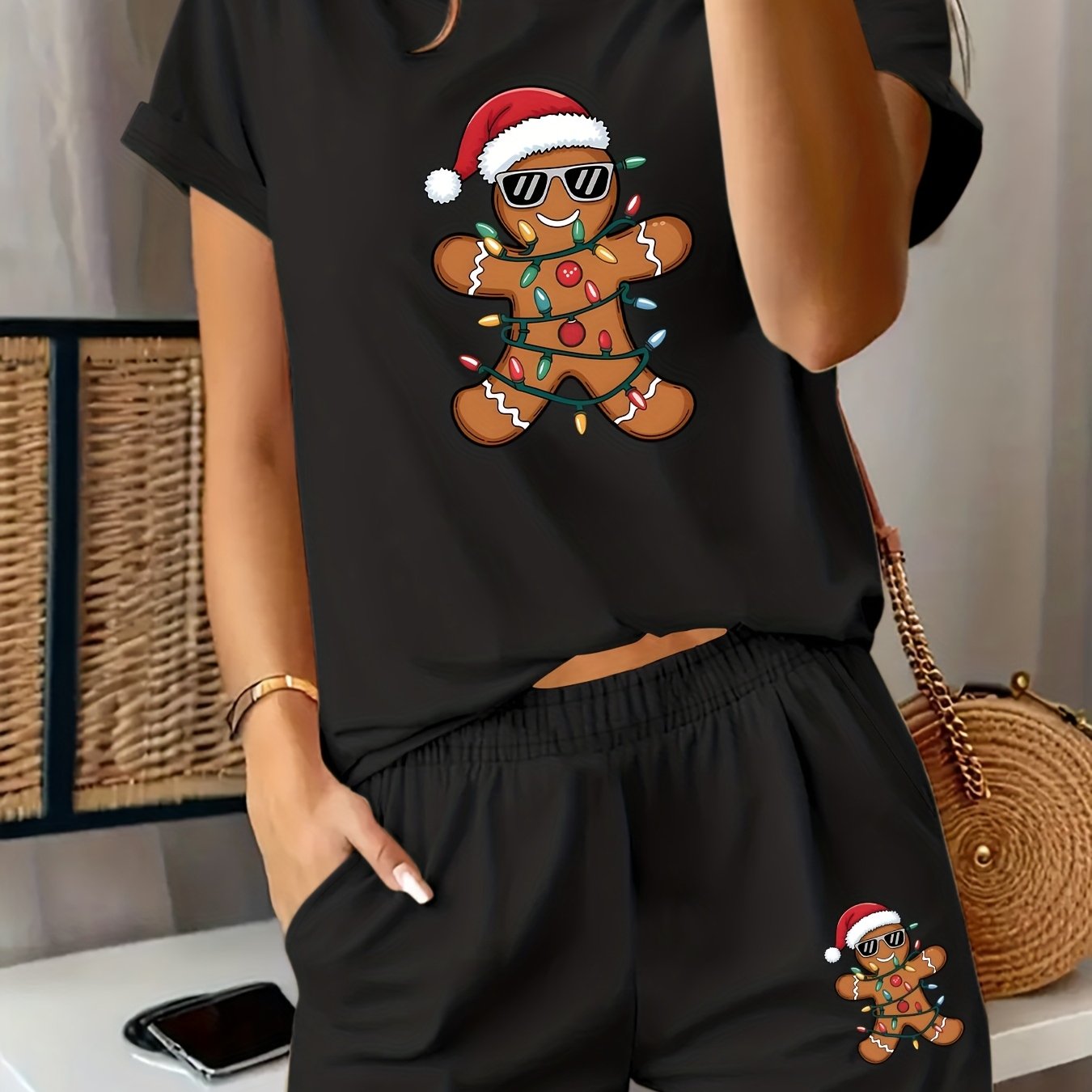 TEMU 2025 New Christmas Themed 2pcs Set For Women: Casual Printed Round Neck Short Sleeve Top With Elastic Waist Shorts Featuring A Gingerbread For
