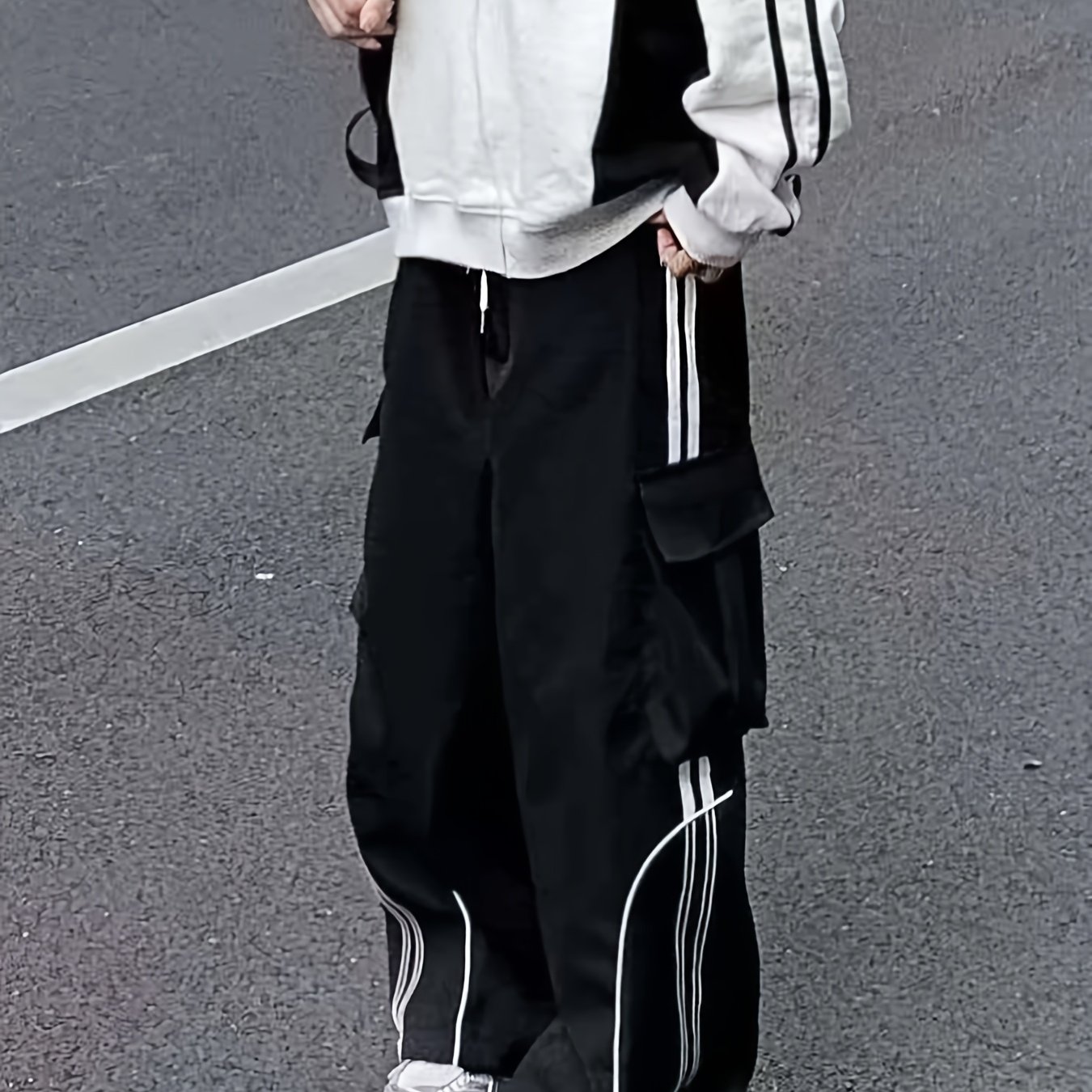 TEMU 1pc Loose Casual Cargo Pants, Individual Striped Athletic Trousers, Unisex Wide-leg Hiphop Cargo Pants