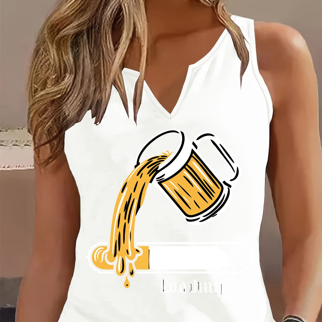 TEMU (052#) Women's Fashion Refreshing Tank Top, Beer Pattern V-neck Sleeveless Vest, Casual Comfortable Breathable Top