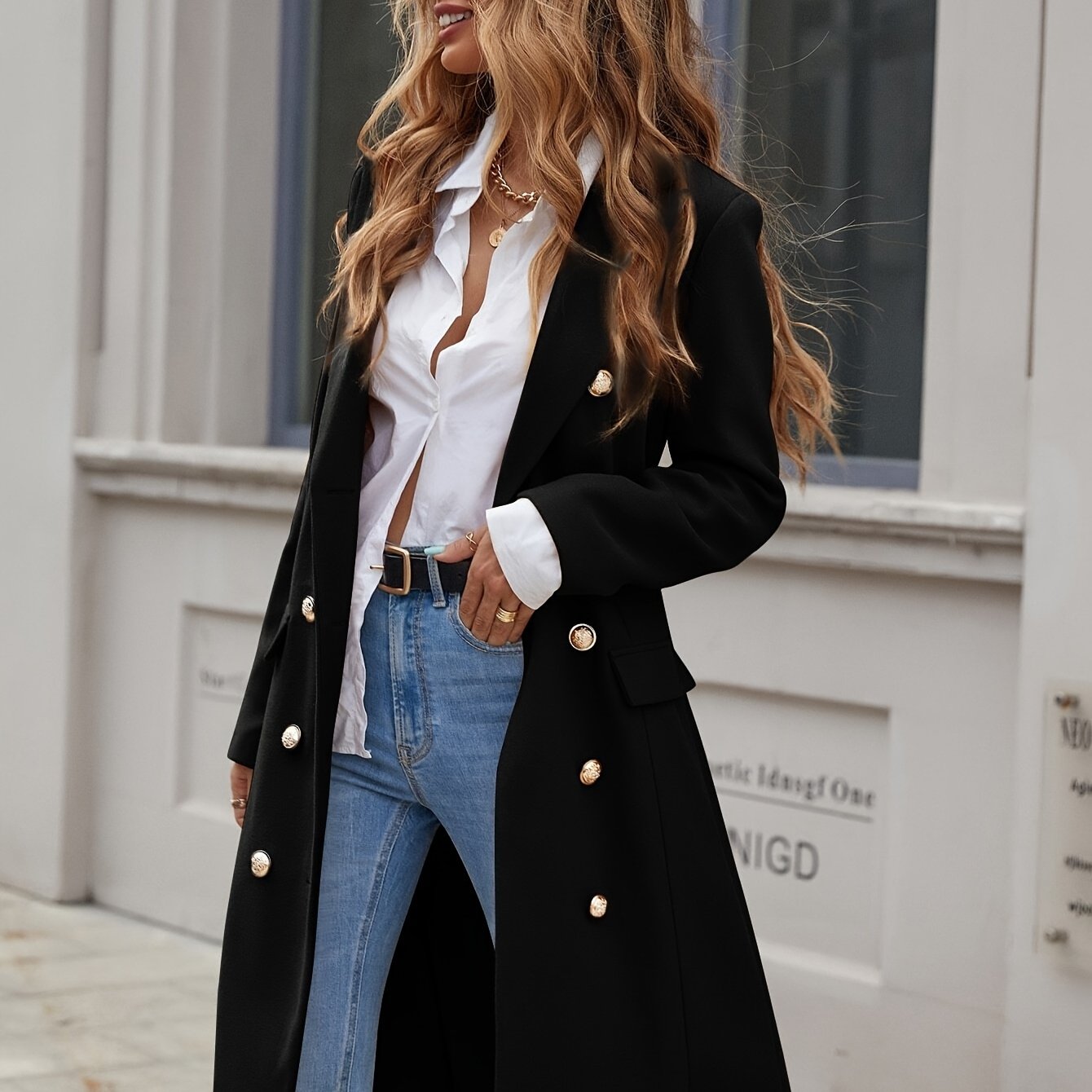 Image of Double-breasted Lapel Coat, Elegant Solid Color Long Sleeve Knee-length Coat For Autumn And Winter, Women's Classic Lapel Coat