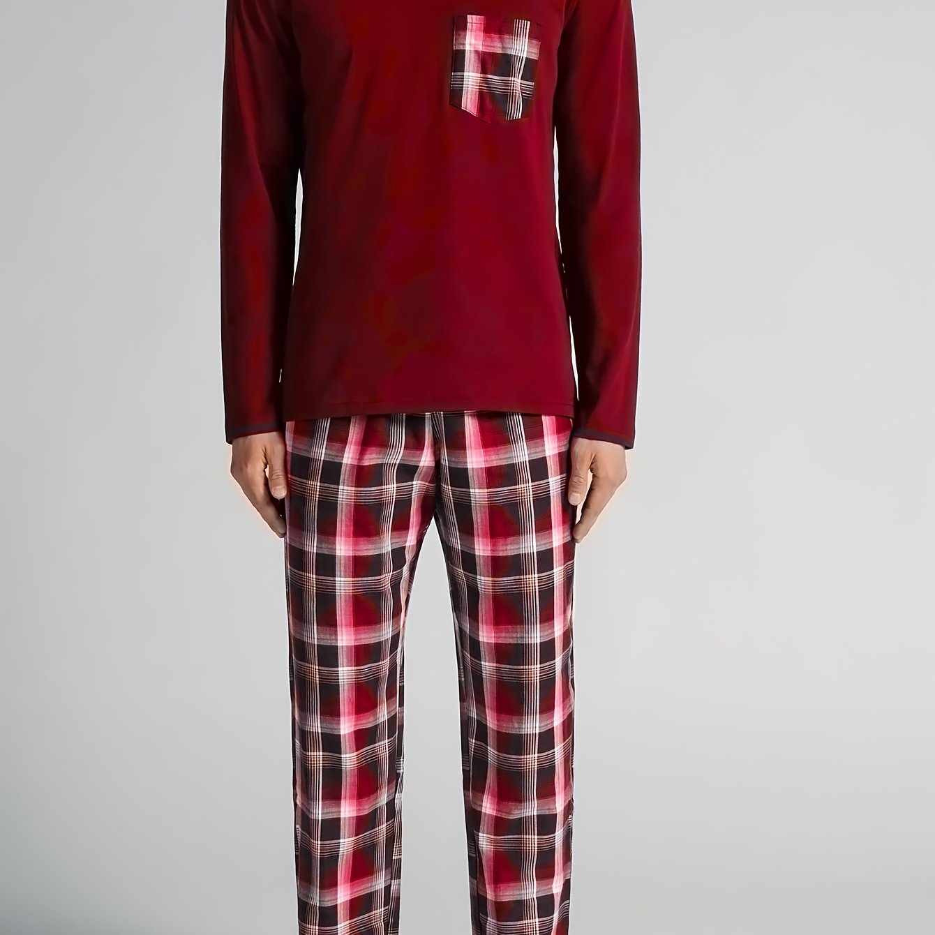 Image of Fall Casual Men's Pajama Set, , Striped Checkered Print Pants, Comfortable Long Sleeve Long Pants Pajama 2pcs Set