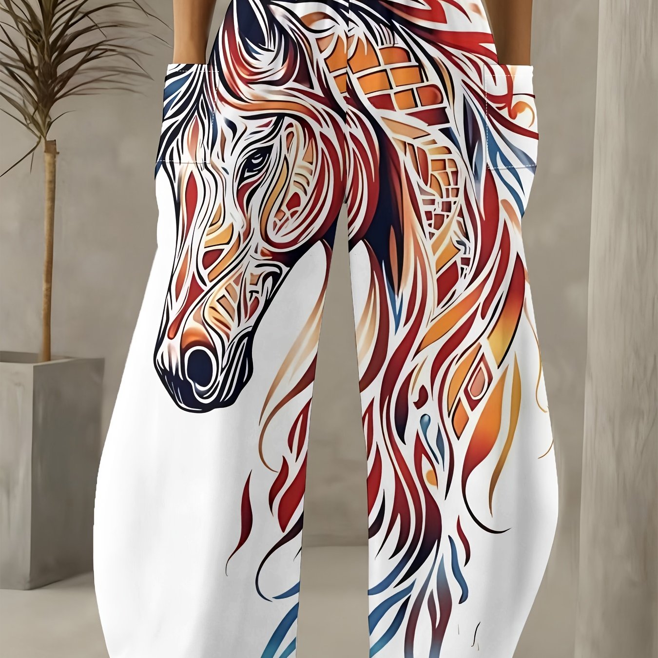 TEMU Pantalon blanc à jambes larges pour femme avec imprimé cheval coloré , décontracté, et confortable