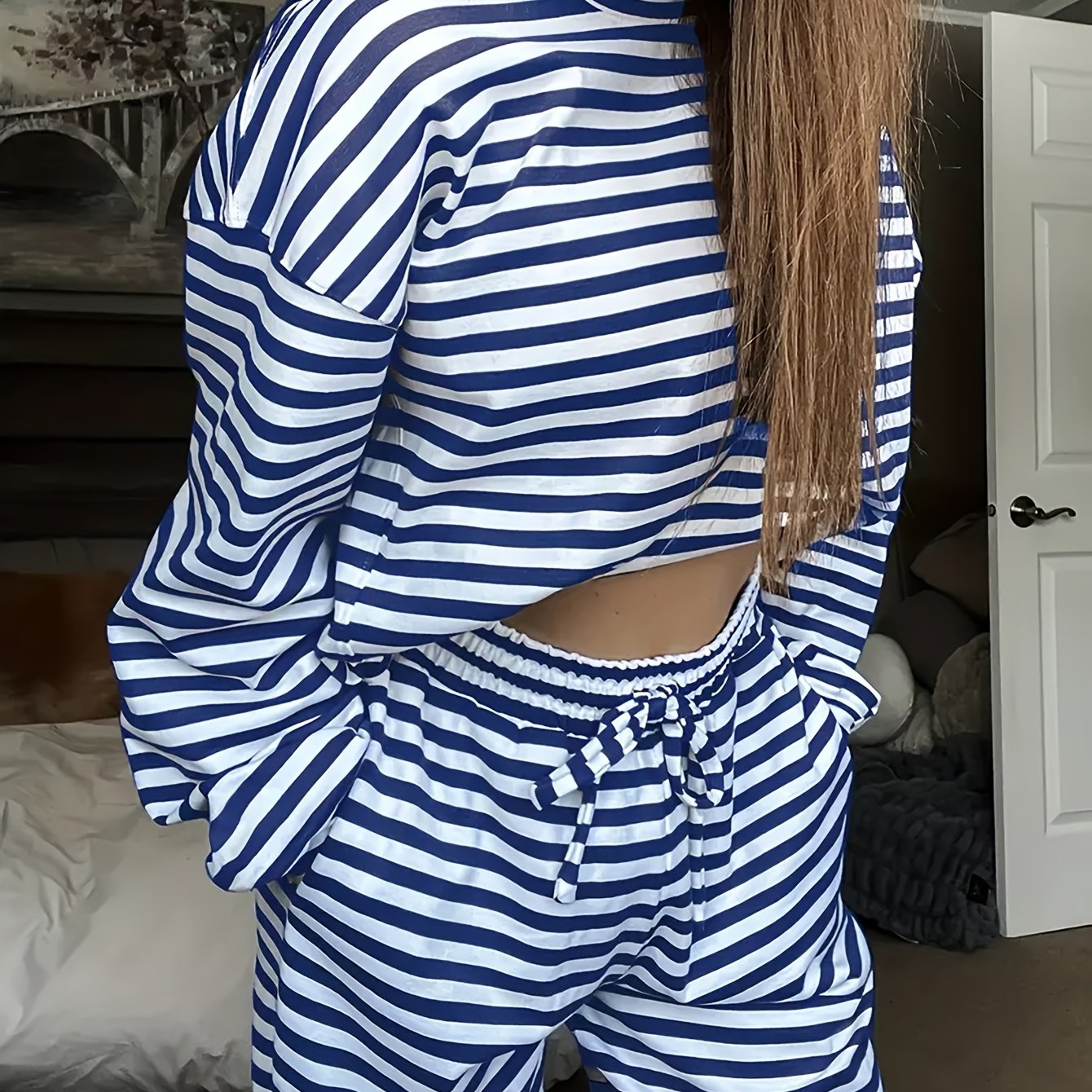 TEMU Women's Spring Autumn Striped Pajama Set, Double-pocket Long Pants, Decorative Drawstring Design, Contrast Round Neck, Soft Comfortable Loose